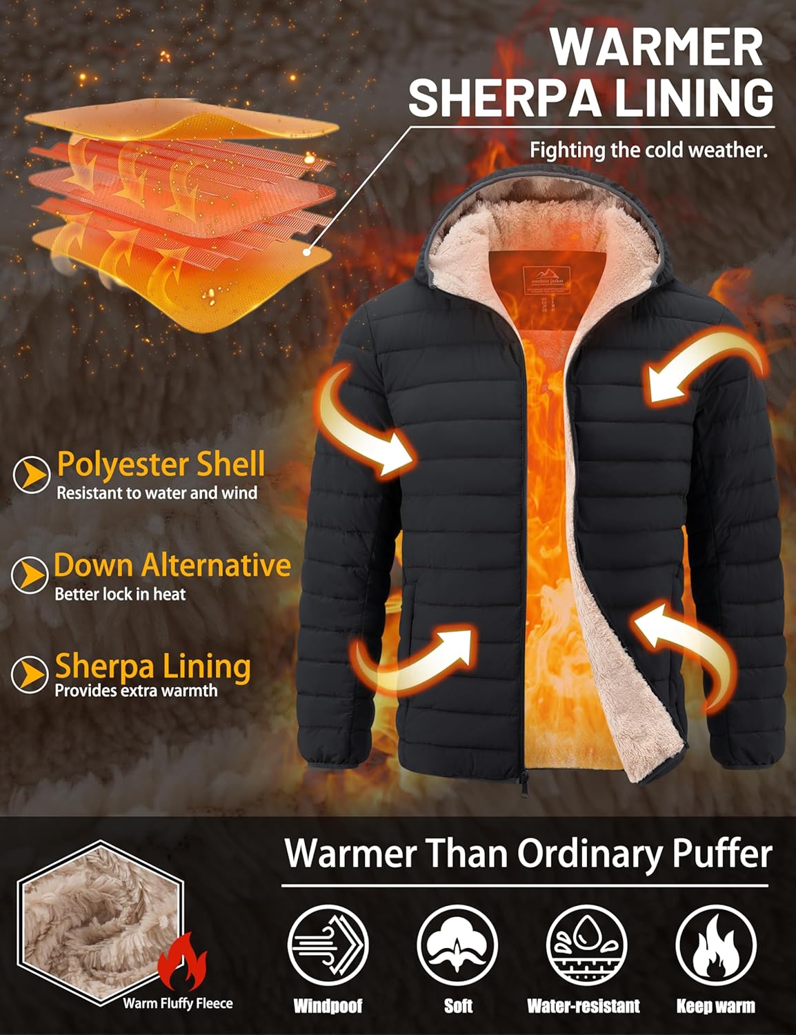 TACVASEN Men's Puffer Jacket Hooded Sherpa Lined Water Resistant Windproof Insulated Jacket Warm Winter Puffy Coat - Image 4
