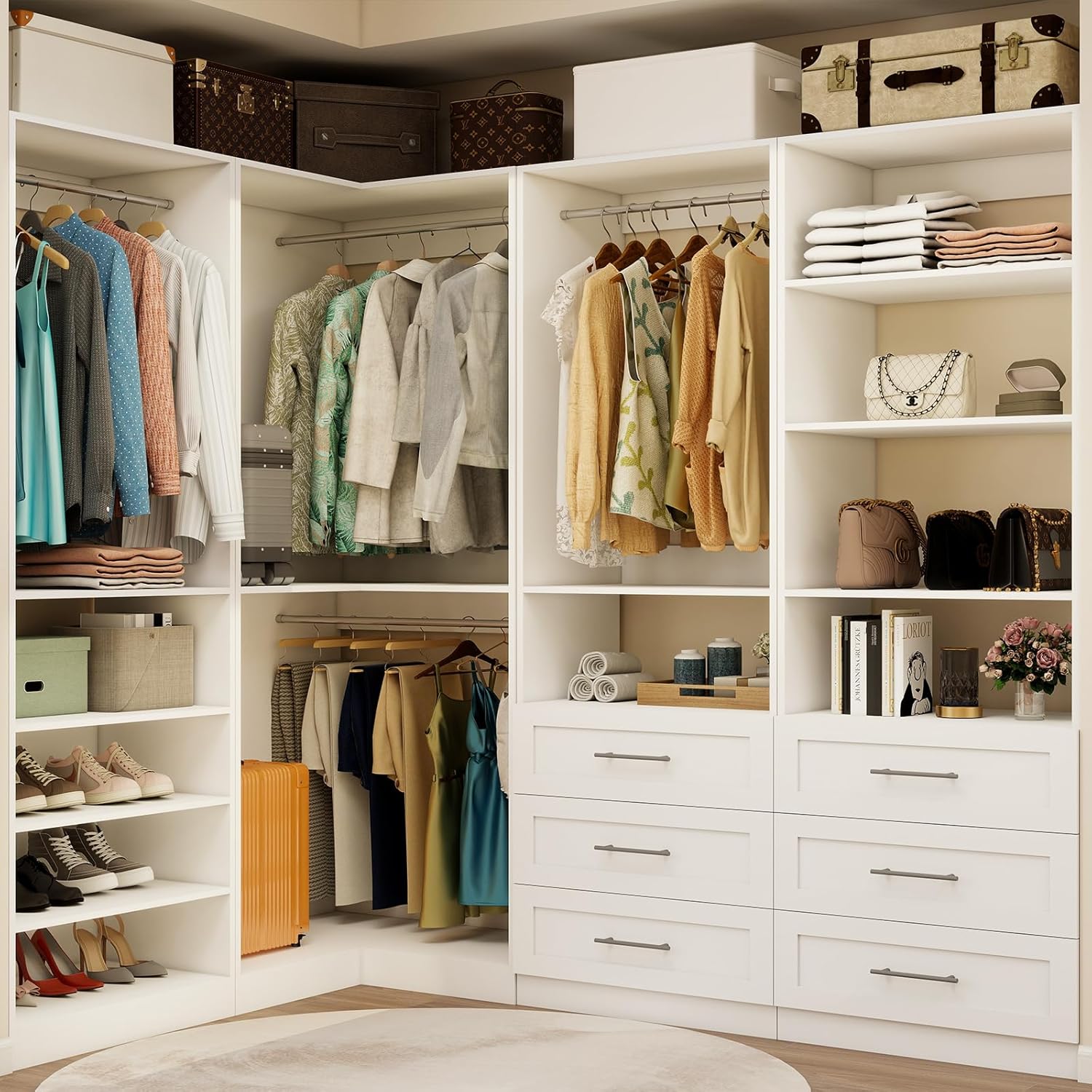 Vomavex Closet System with 4 sets, 101.9" Closet Organizer Systems with 6 Drawers & 8 Hanging Rods & Adjustable Shelves, Walk in Closet Standing Closet System, Corner Closet System Set, White - Image 8