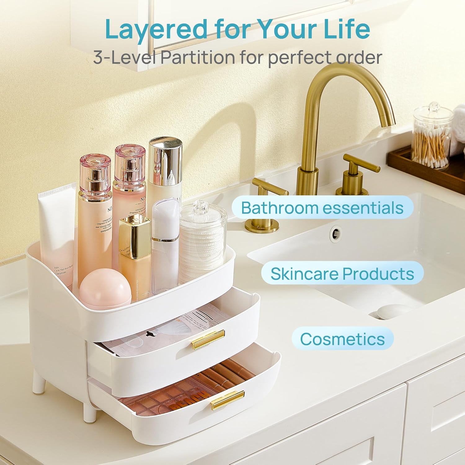 Vtopmart 3-Tier Skincare Makeup Organizer with Drawers for Vanity and Bathroom Countertop, Large Cosmetic Storage Box Case for Dresser, with Non-Slip Base - Image 4