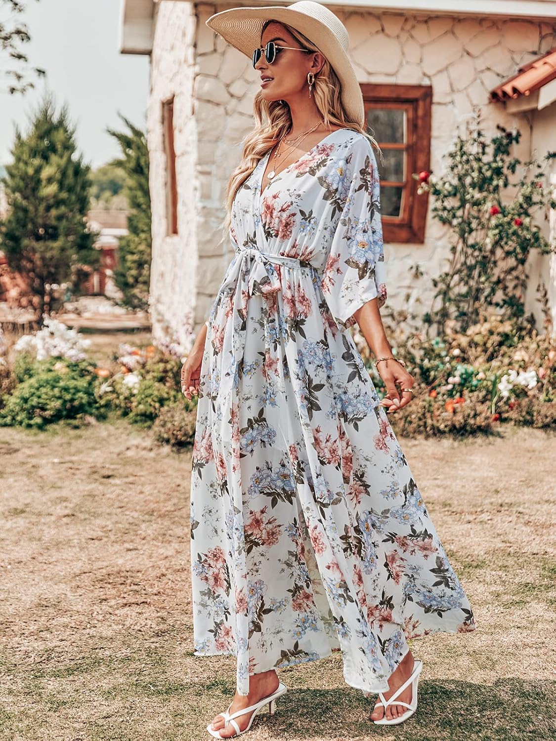 ANRABESS Womens 1/2 Sleeve Beach Wedding Guest Maxi Dresses 2026 Summer Wrap V Neck Boho Floral Flowy Slit Long Dresses - Image 3
