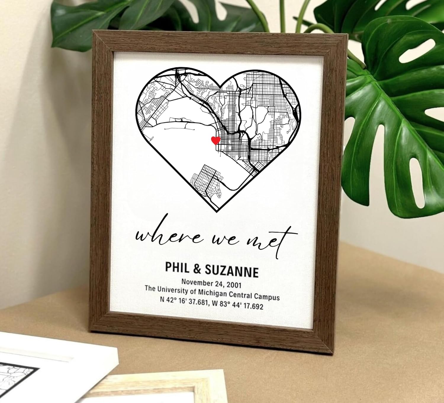 Custom Map Heart Design Framed Canvas - Where We Met Personalized Couple Gift Cotton Sheet with Frame Couple Map Framed Wooden Love Frame, Valentines Day (Heart Custom - B&W) - Image 5