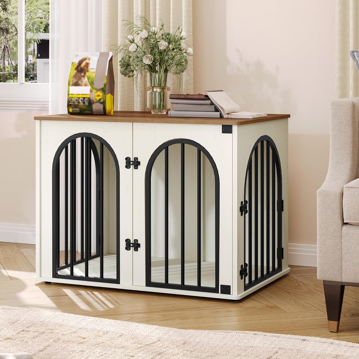 Hzuaneri 31.5'' Wooden Dog Crate Furniture, Indoor Dog Kennel Dogs Cage for Small/Medium Dogs, Heavy Duty Dog Crates Decorative Pet House End Side Table TV Stand, White Brown DFC85114B - Image 8
