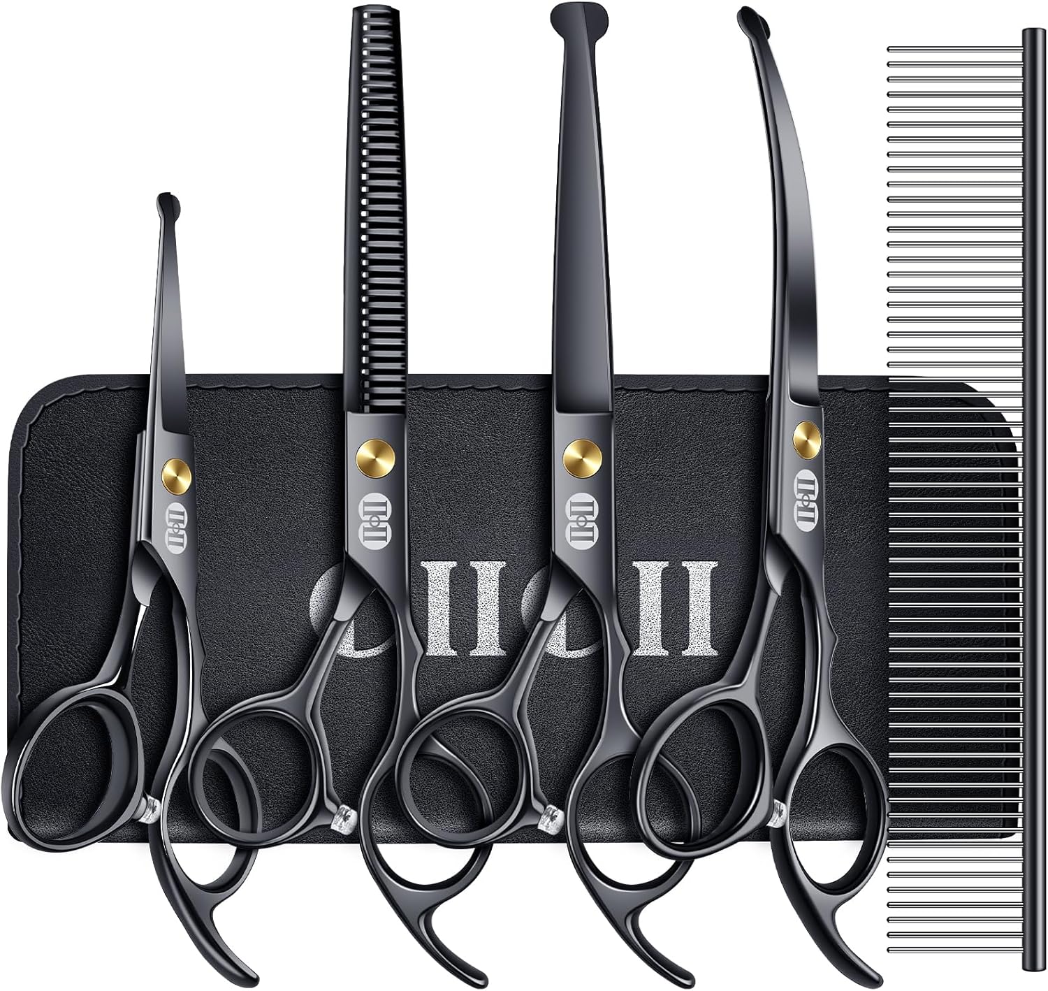 CIICII Dog Grooming Scissors Kit, 7 Inch Professional Pet Grooming Scissors Set with Safety Round Tip (Dogs/Cat Hair Cutting Trimming Thinning Shears with Curved Scissors) for DIY Home Salon (Black)