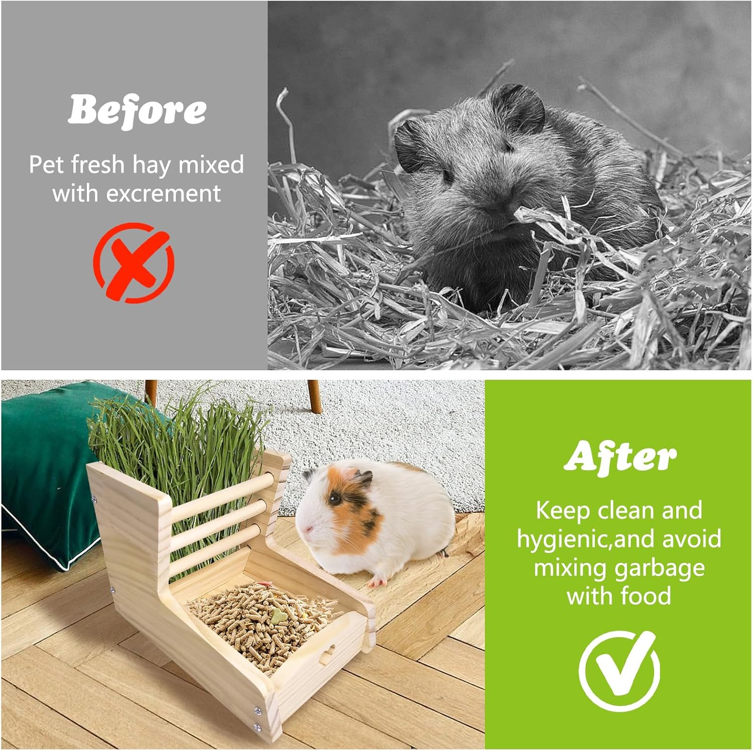 Hamiledyi Small Rabbit Hay Feeder with Wooden Food Feeding Manger Bunny Hay Dispenser Small Animals Grass Holder for Guinea Pig Hamsters Bunny Chinchilla(Style A) - Image 4