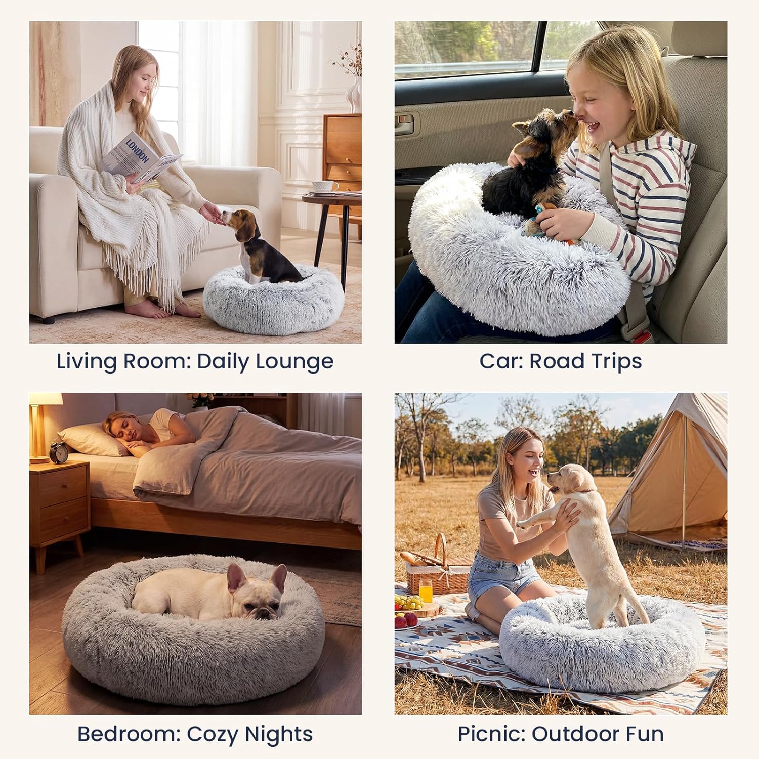 JOLLYVOGUE Small Dog & Cat Beds for Indoor Cats - 20 inches Calming Donut Dog Bed for Kittens & Puppies, Washable Round Fluffy Plush Faux Fur Pet Beds (Smoke Grey) - Image 6