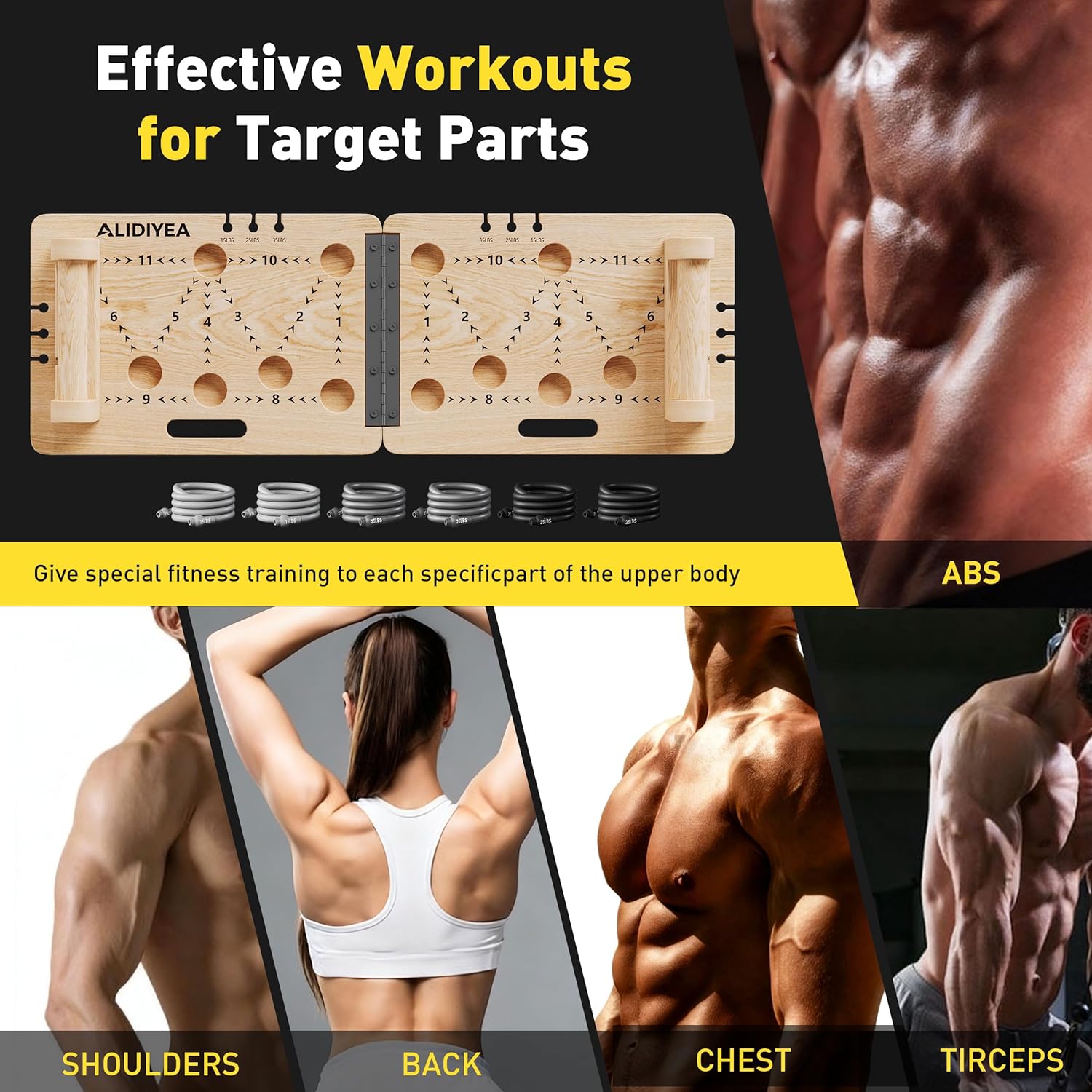 Push Up Board 30 in 1 Foldable with Resistance Bands - Thickened Pine Wood Multi-Push Up Board for Men & Women, Portable Gym/Home Workout Gear for Chest, Shoulders, Arms & Back - Image 2