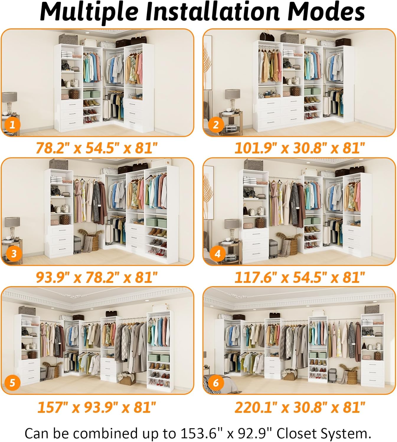 Vomavex Closet System with 4 sets, 101.9" Closet Organizer Systems with 6 Drawers & 8 Hanging Rods & Adjustable Shelves, Walk in Closet Standing Closet System, Corner Closet System Set, White - Image 6