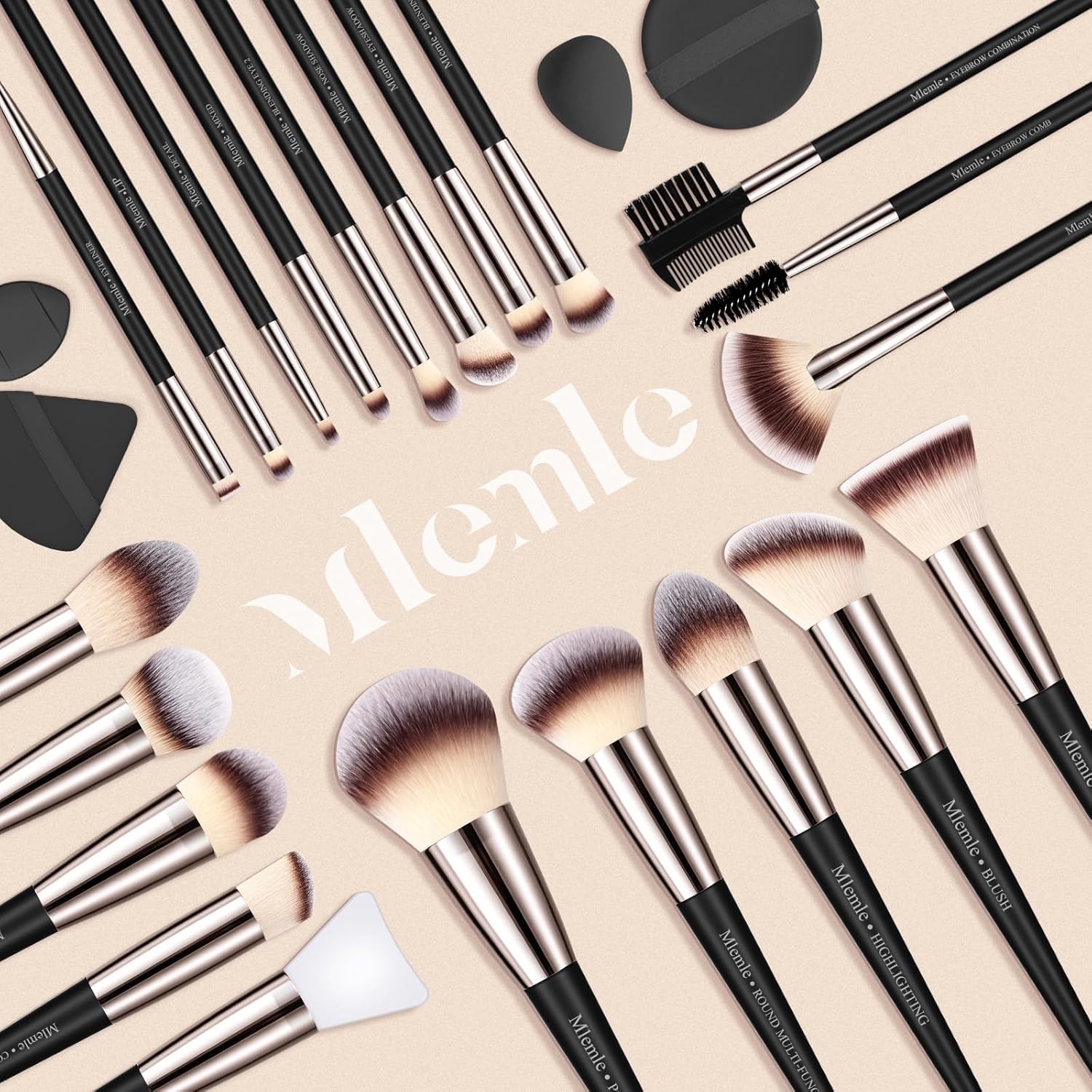 Makeup Brushes Set, Mlemle Professional 25 Pcs Makeup Kit, Include Powder Foundation Concealers Blush Eye shadows 21 Pcs Makeup Brushes and 2 Powder Puff, 2 Makeup Sponge(B02-CreamBlack) - Image 7