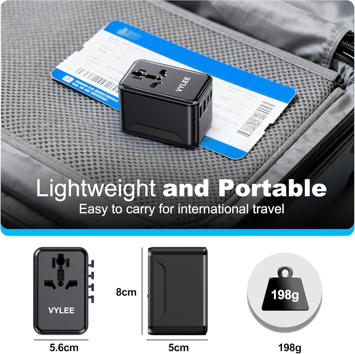 VYLEE Universal Travel Adapter, 2 USB-C & 2 USB-A Worldwide Plug Adapter with 1 Universal AC Outlet, Type A D I G C International Plug Adapter for US, India, Europe, UK, Maldives, Sri Lanka(Black) - Image 5