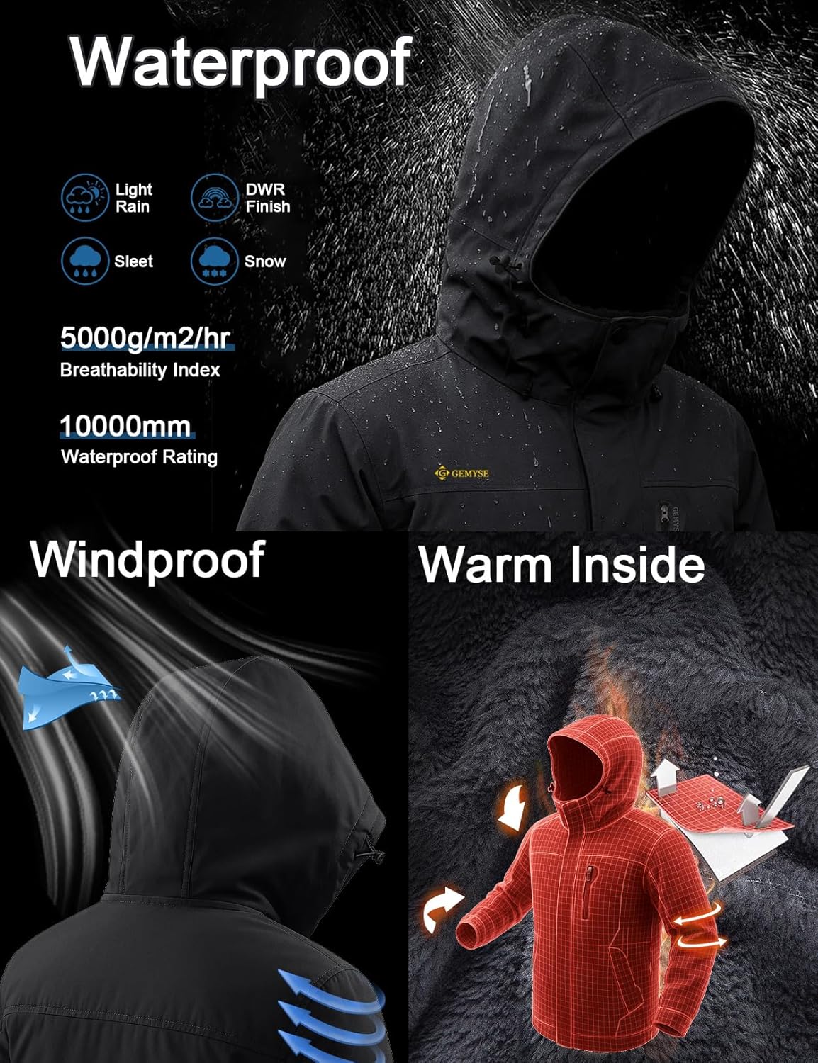 GEMYSE Men's Ski Snow Jacket Warm Winter Waterproof Coat Snowboard Rain Jacket Hooded Windproof Windbreaker - Image 4