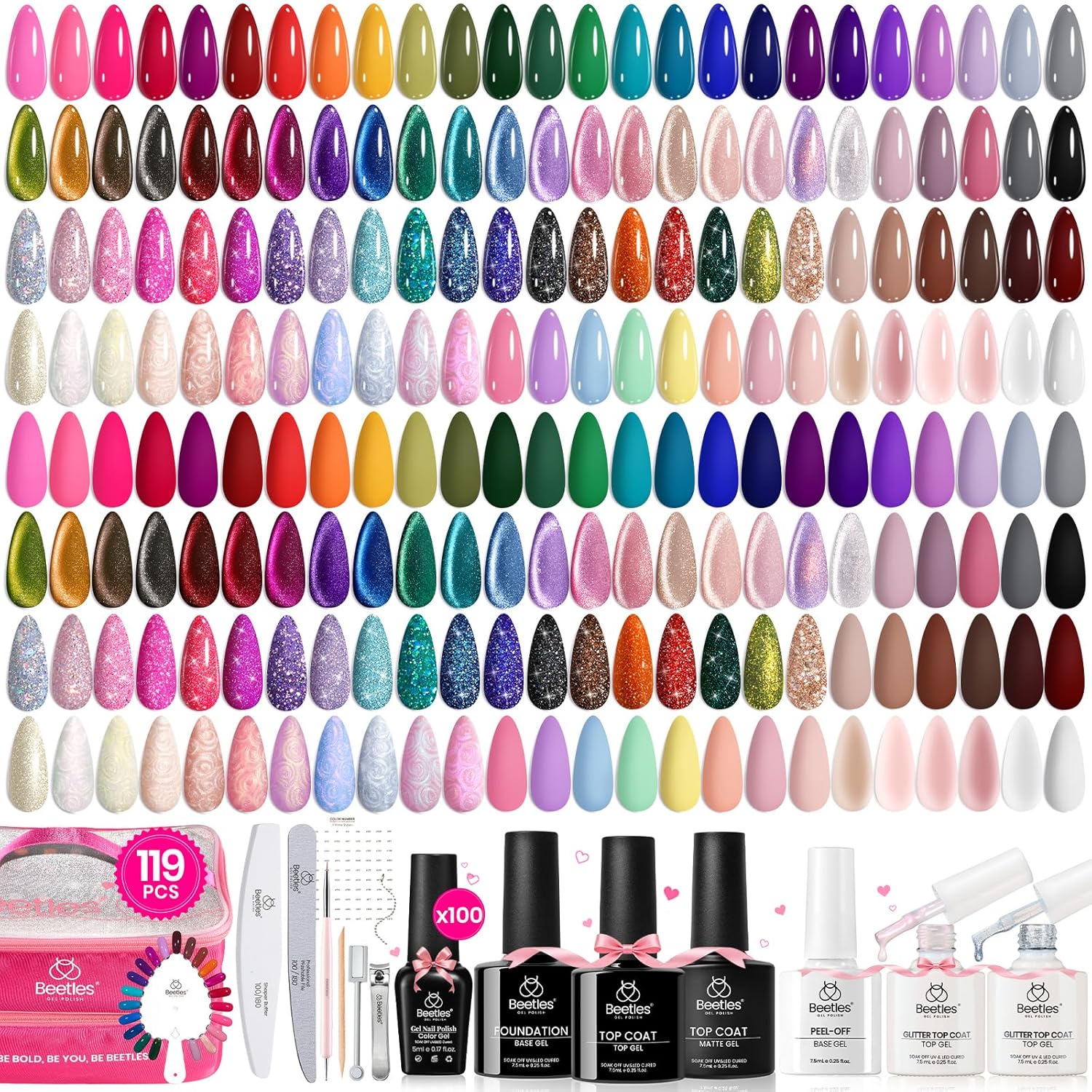 Beetles Nail Nook Gel Nail Polish Set - 119 PCS 100 Colors Gel Polish Kit Base Glossy Matte Glitter Top Coat Glitter Pearl Cat Eye White Red Pink Nude Uv Led Nails Easter Gift for Women