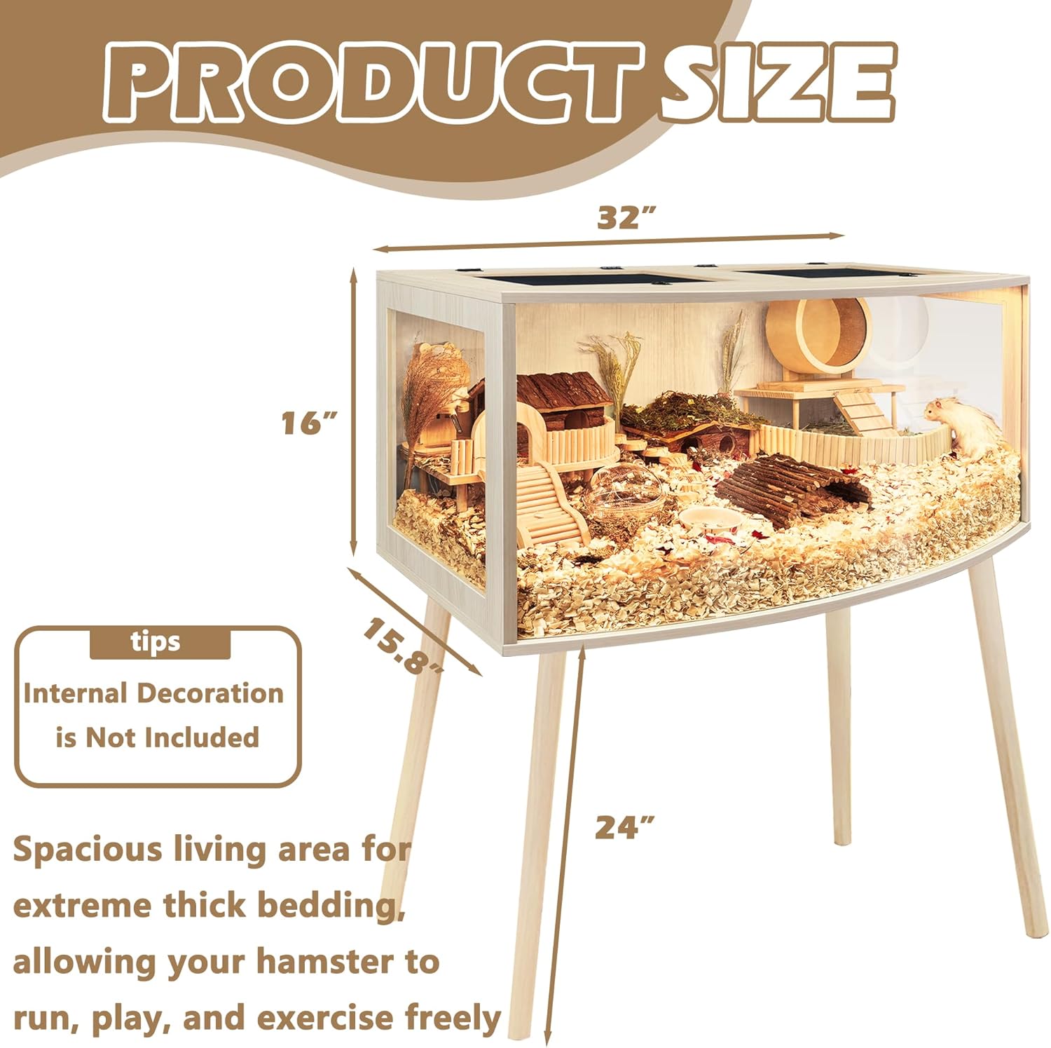 Prolee Hamster Cage with Curved Design,Chew Proof Wooden Hamsters Enclosure with Leg Stand and Openable Top or Gerbils,Hamster Habitat (32"x16"x16") - Image 3