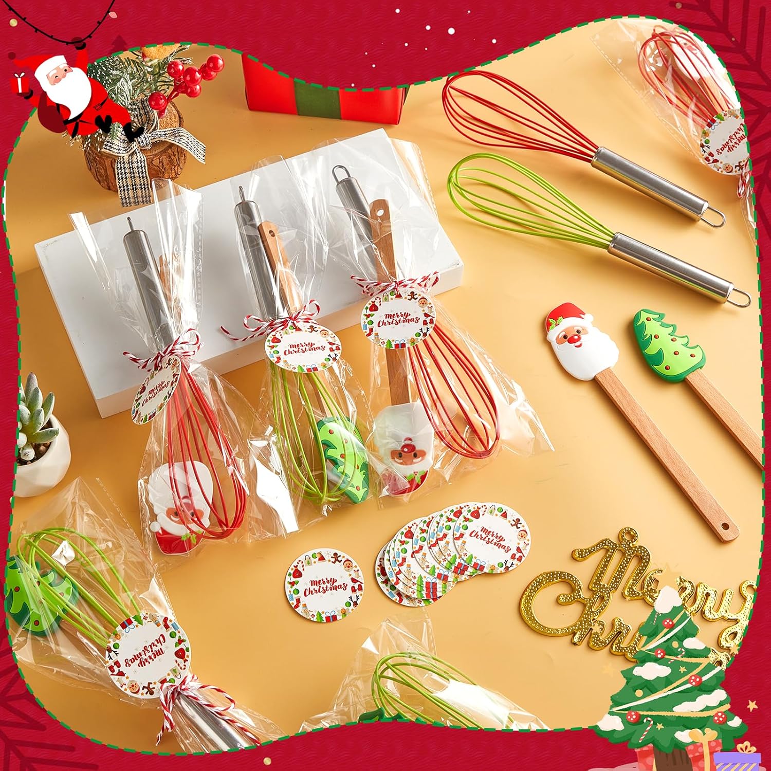 12 Sets Christmas Whisk Baking Supplies Gifts Sets Stainless Steel Whisk Silicone Spatula with Cards Ribbons Packing Bags Gift for Neighbor Employee Cooking Supplies Christmas Stocking Stuffers Ideas - Image 4
