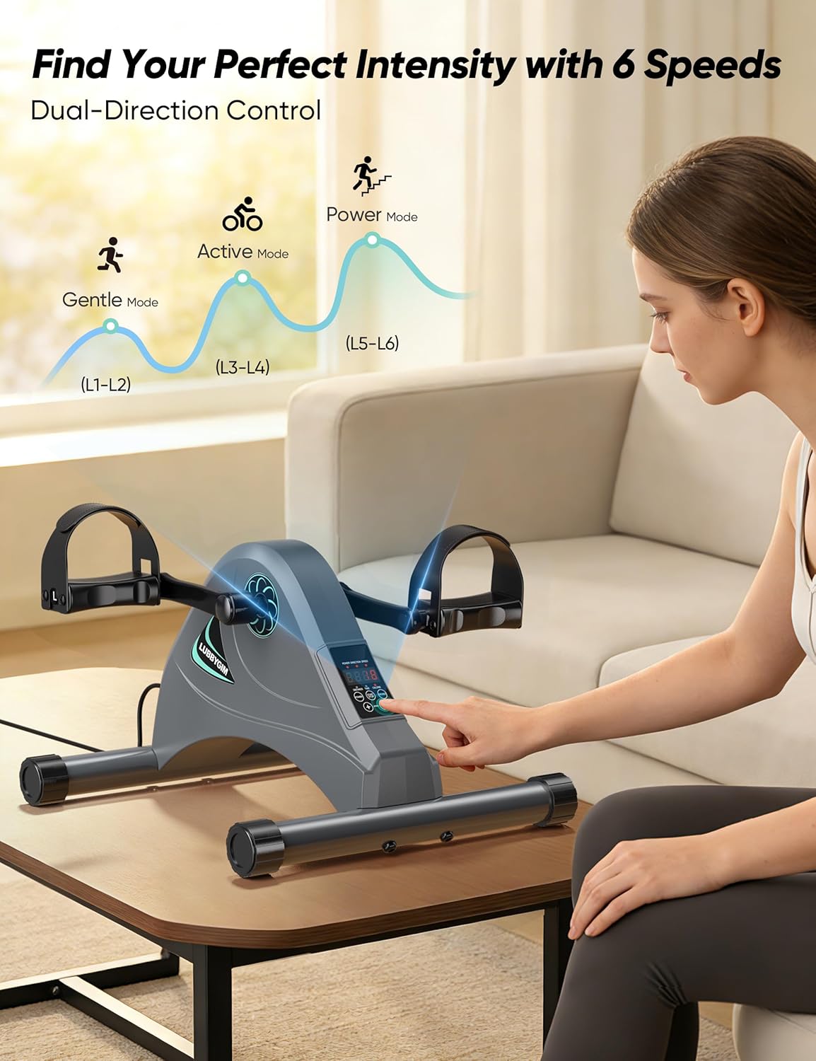 LUBBYGIM Mini Exercise Bike, Under Desk Bike Pedal Exerciser for Seniors & Physical Therapy, Electric Motorized Foot Pedal Machine for Arm and Leg Fitness, 6 Speed Levels - Image 6