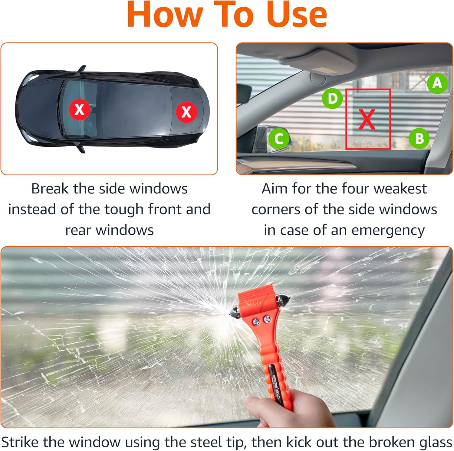 Amazon Basics Emergency Escape Tool, Window Breaker and Seatbelt Cutter, Car Safety Hammer with Protective Bracket, Bright Orange, 2 Pack, SW-835 - Image 3
