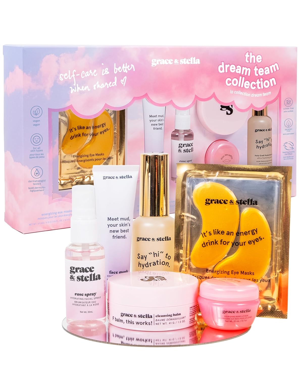 grace & stella Award Winning Skin Care Set - Mothers Day Gift Bags, Travel Size Toiletries with Eye Masks, Hyaluronic Acid Serum, Lip Balm & More, Gift Baskets for Women, Vegan Cruelty-Free Self Care
