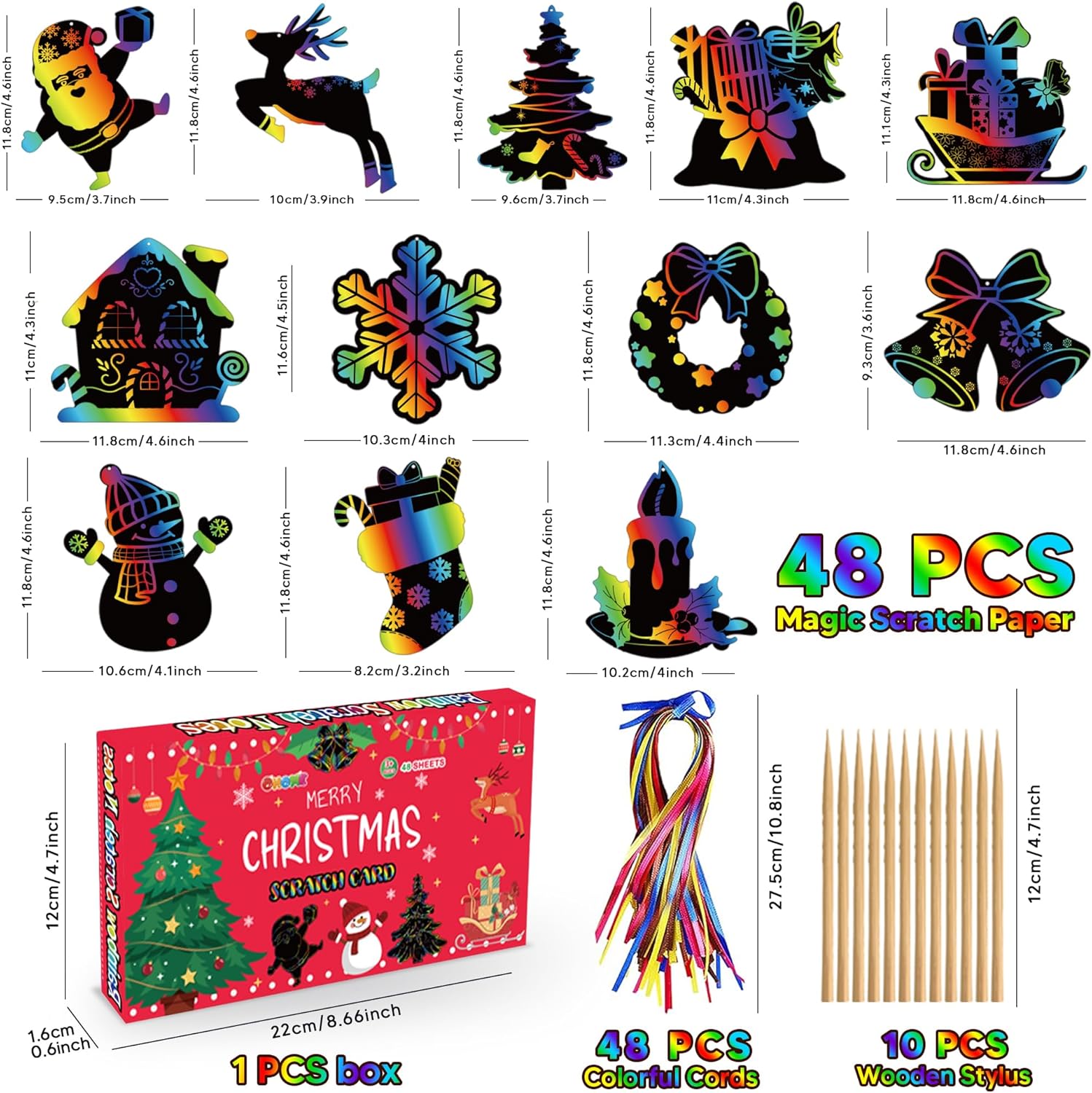 Stocking Stuffers - 48 PCS Rainbow Scratch Paper Cards Set | Christmas Crafts Toys Game for Kids - Christmas Gifts Ornaments Party Favors Decorations Supplies for Grandkids - Toddler Stocking Stuffers - Image 2