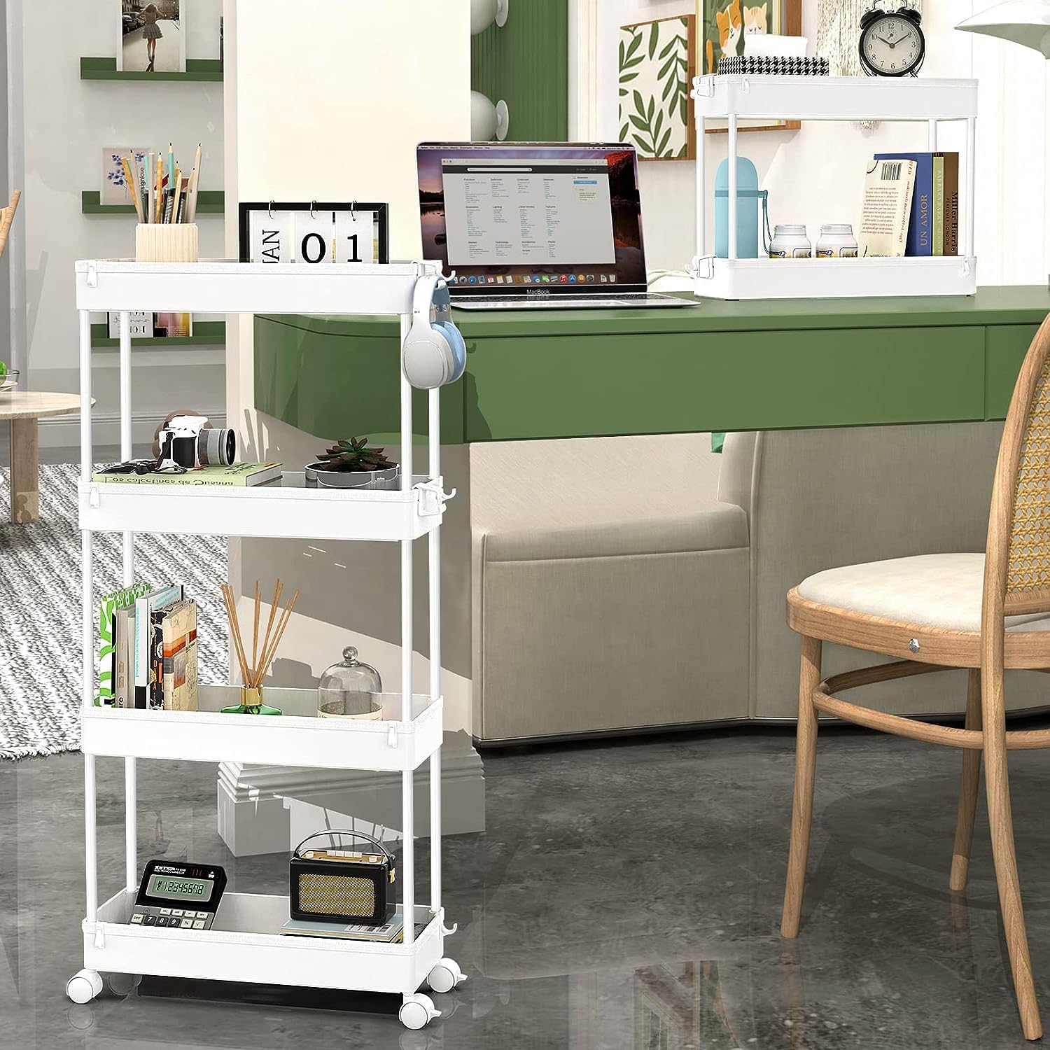 SPACEKEEPER Slim Rolling Storage Cart 4 Tier Bathroom Organizer Mobile Shelving Unit Utility Cart Tower Rack for Kitchen Laundry Narrow Places, White - Image 7