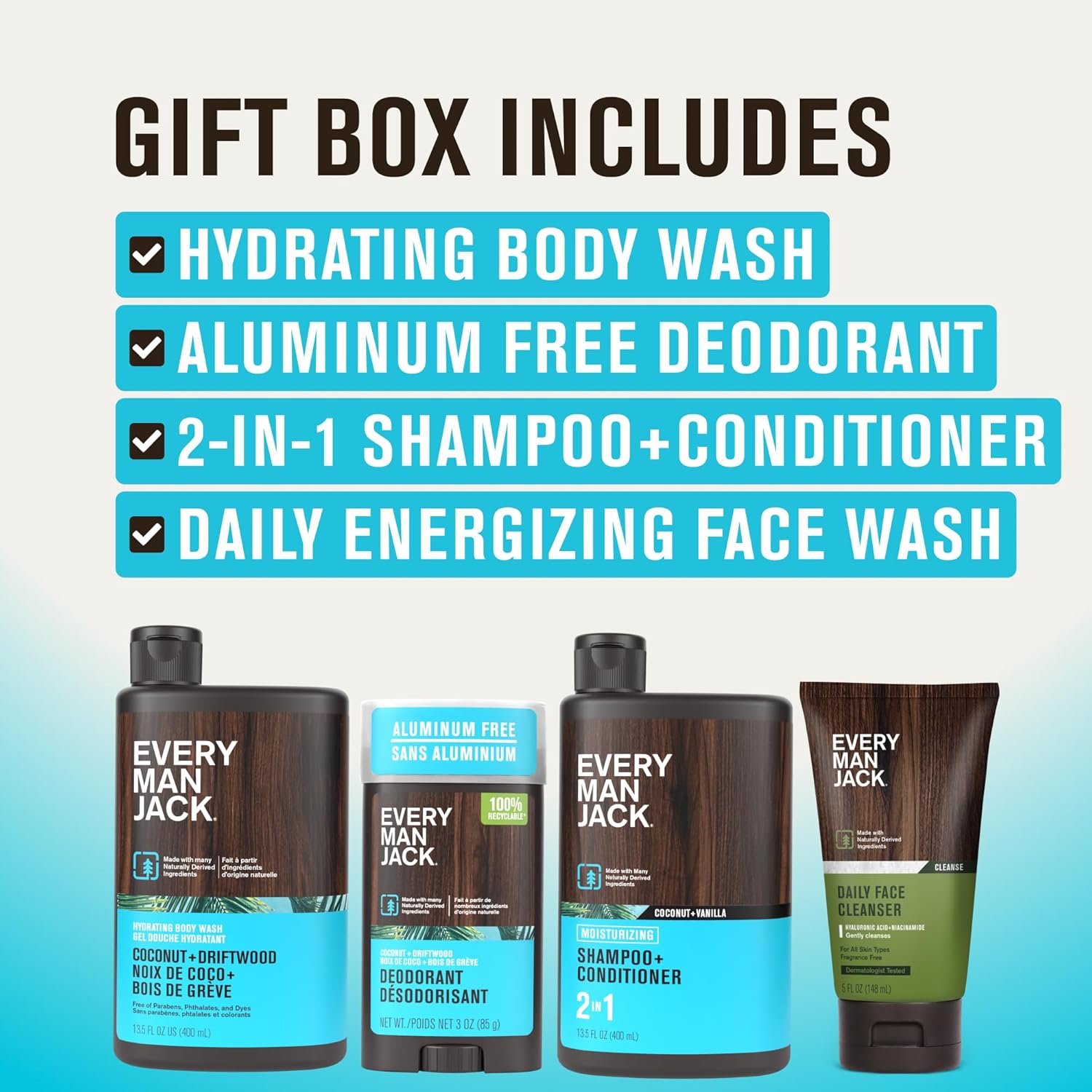 Every Man Jack Men's Bath and Body Gift Set - Coconut + Driftwood Scent - Clean Ingredients - Includes Hydrating Body Wash, 2-in-1 Shampoo, Aluminum-free Deodorant & Face Wash - Image 2