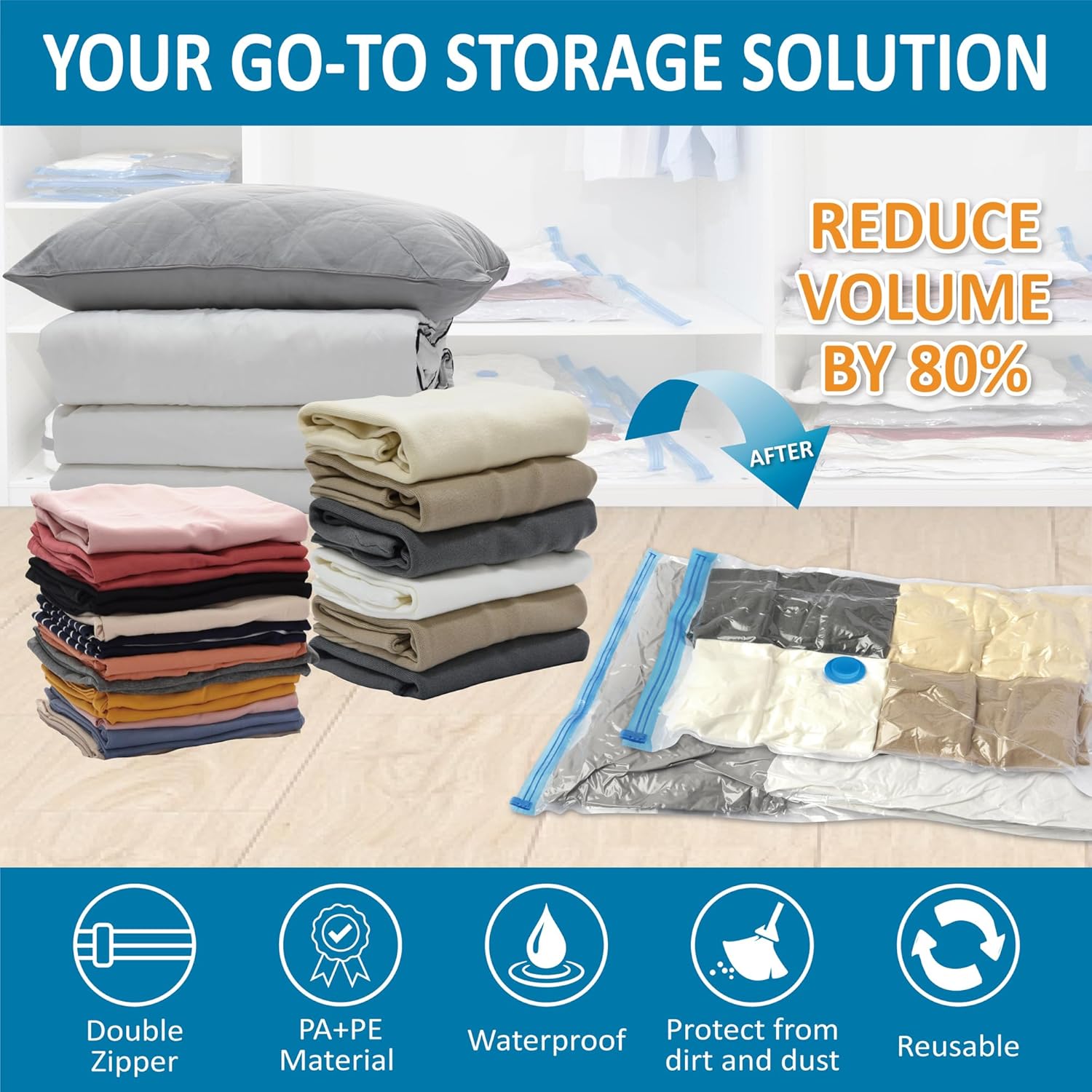 Cozy Essential Vacuum Storage Bags, 80% Compression Vacuum Seal Space Saver Plastic Packaging Bags for Clothes, Blankets, Pillow, Bedding, Comforters, Sealer Clothing Storage,20 Combo - Image 2