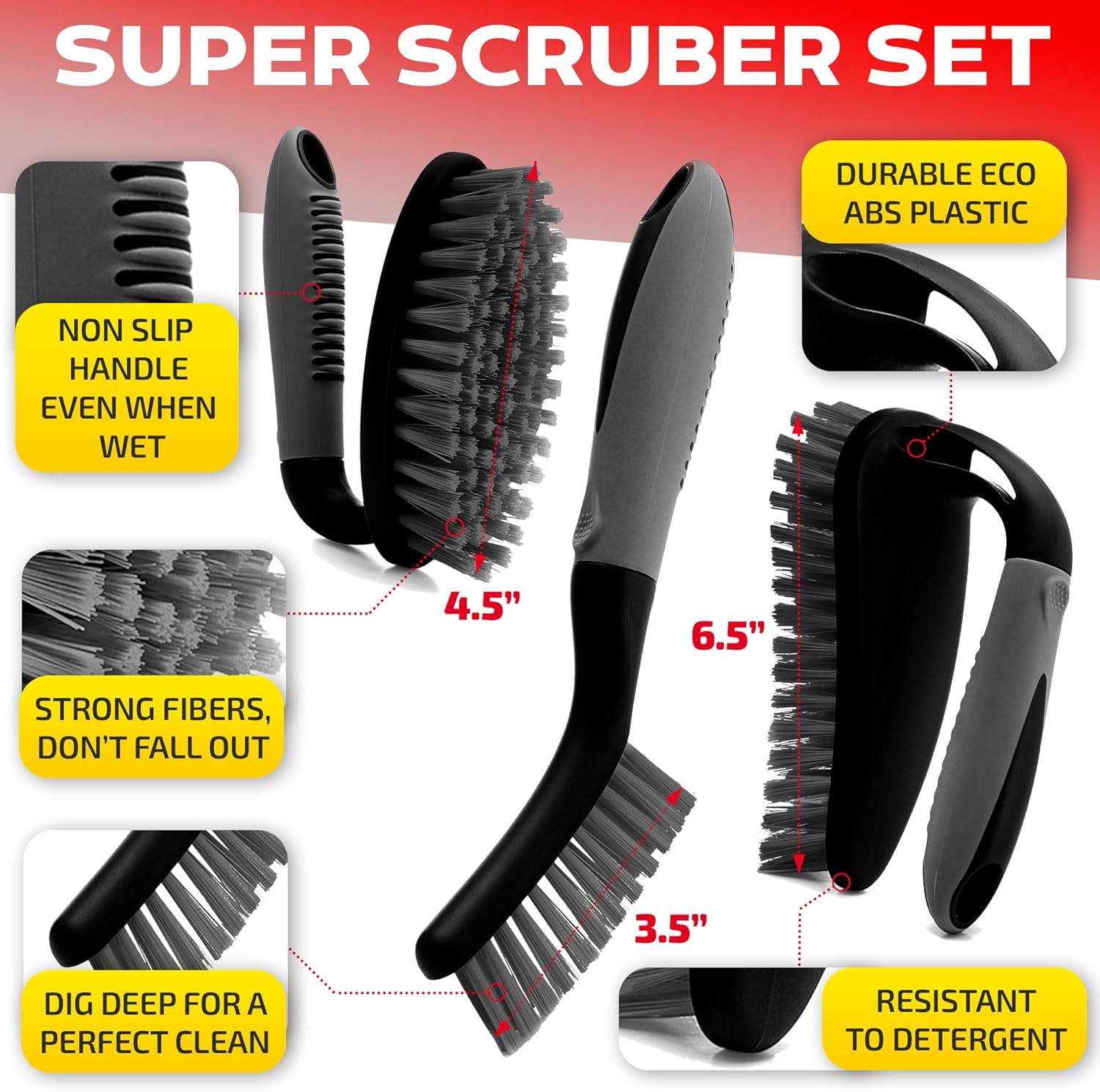 Scrub Brush Set of 3pcs - Cleaning Shower Scrubber with Ergonomic Handle and Durable Bristles - Grout Cleaner Brush - Scrub Brushes for Cleaning Bathroom/Shower/Tile/Kitchen/Floor/Bathtub/Carpet - Image 2