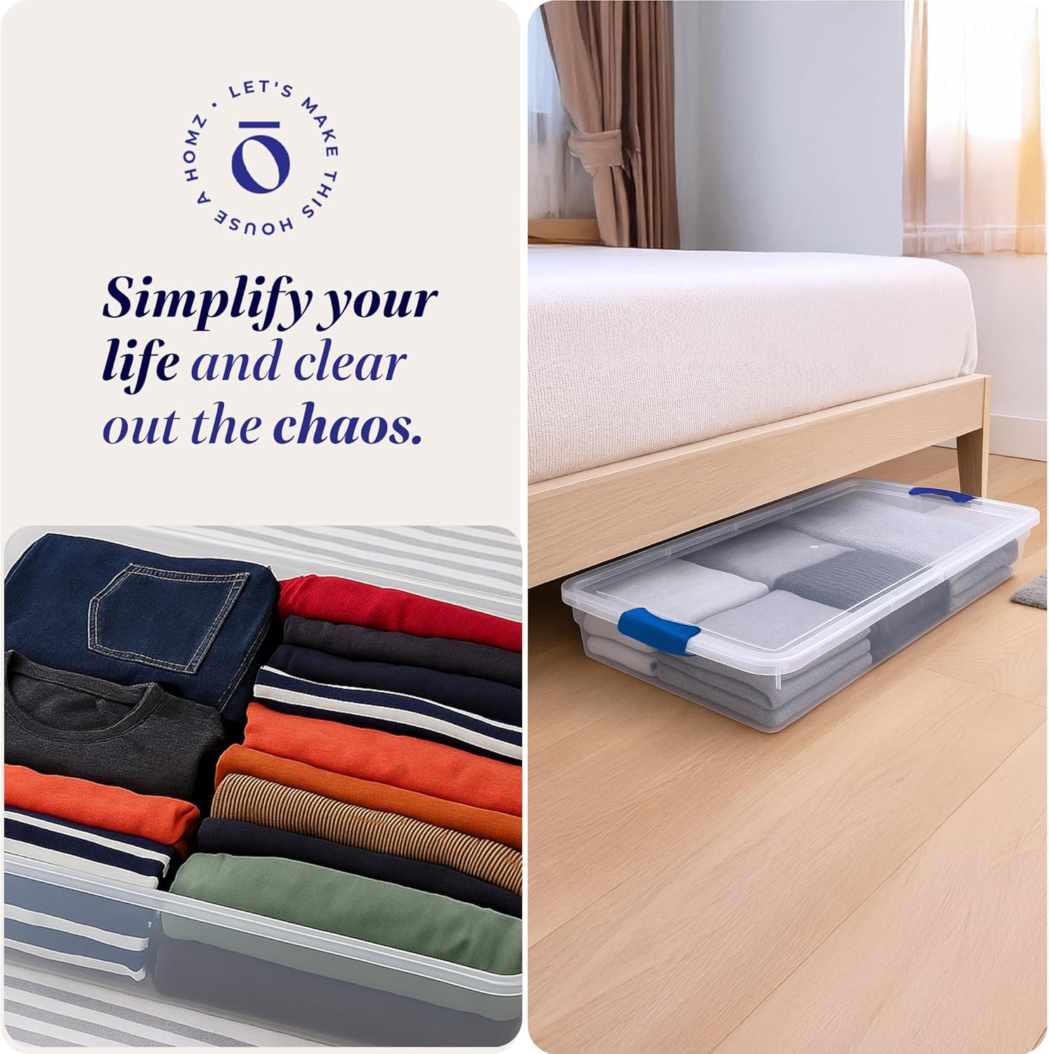 HOMZ 2-Pack Under Bed Storage, Clear Plastic Containers with Lids, 60 Quart, Blue Latch - Stackable Underbed Organizer Bins for Shoes, Bags, Clothes, and Towels - Image 6