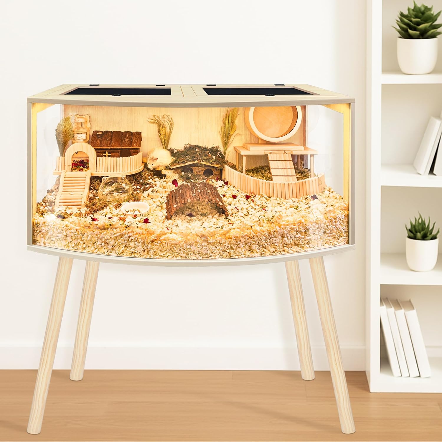 Prolee Hamster Cage with Curved Design,Chew Proof Wooden Hamsters Enclosure with Leg Stand and Openable Top or Gerbils,Hamster Habitat (32"x16"x16") - Image 2