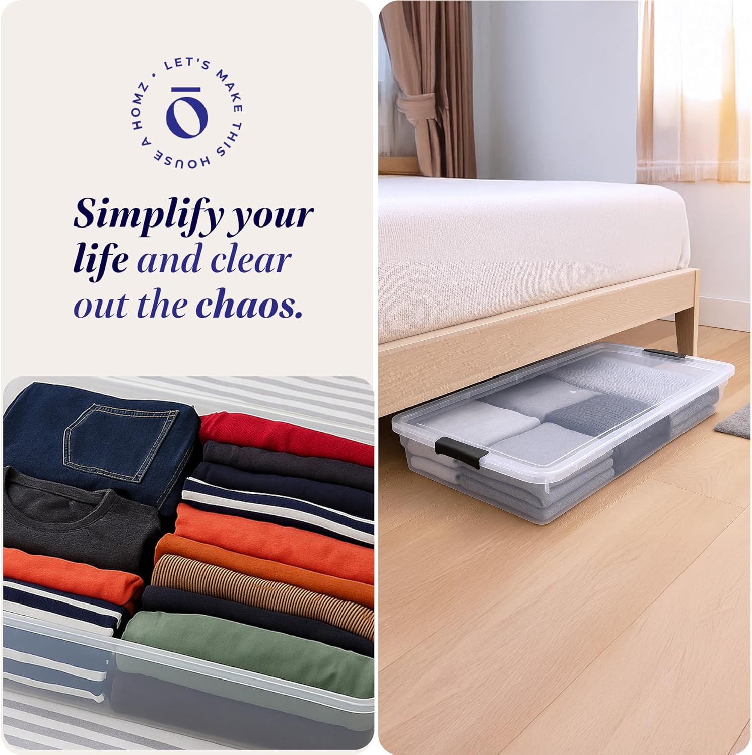 HOMZ 2-Pack Under Bed Storage, Clear Plastic Containers with Lids, 60 Quart, Gray Latch - Stackable Underbed Organizer Bins for Shoes, Bags, Clothes, and Towels - Image 6