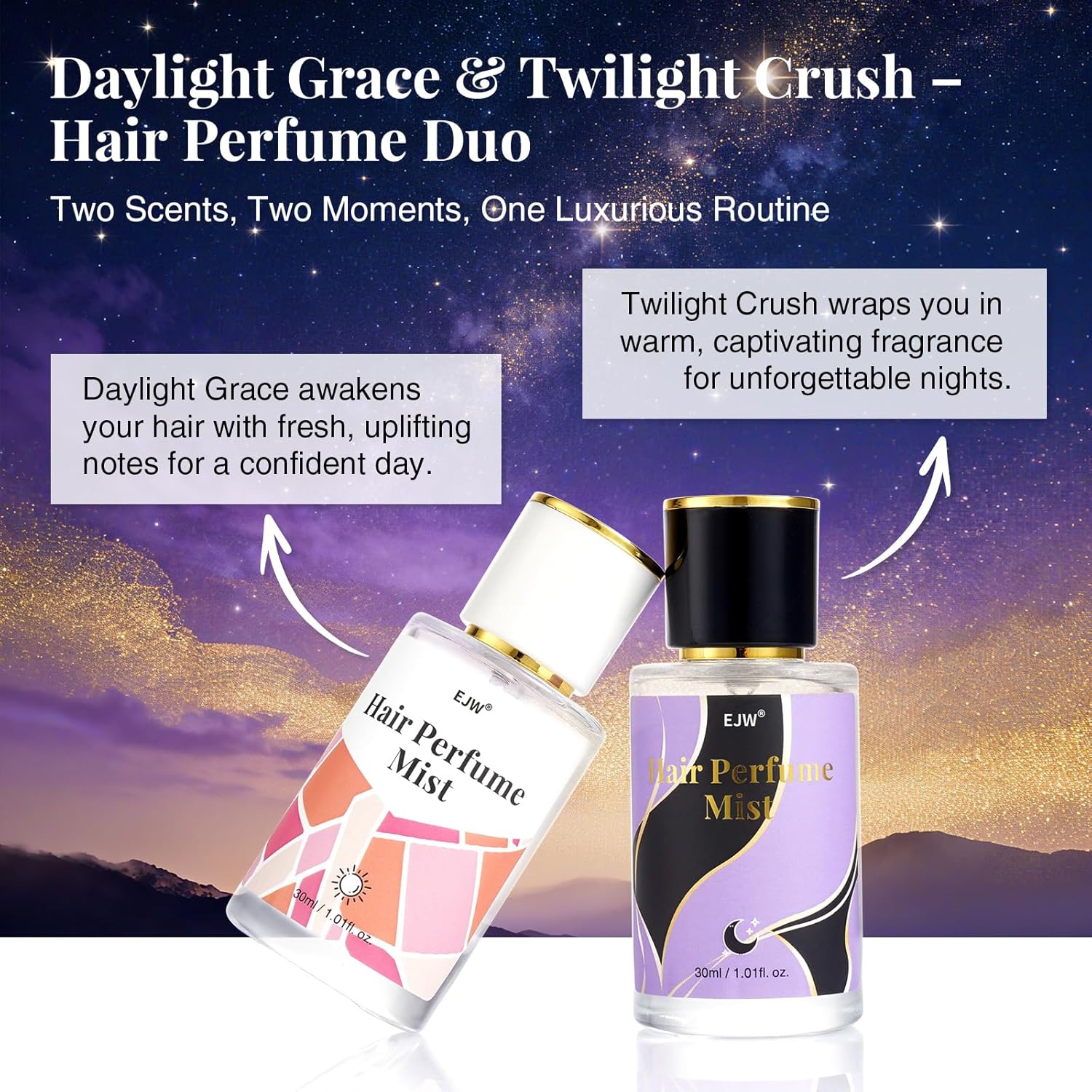 Hair Perfume Set for Women – Day & Night Duo Mist – Long Lasting, Clean & Nourishing Fragrance Spray – Alcohol-Free, Odor-Eliminating, Lightweight Formula – 2 x 3.4 fl oz - Image 2