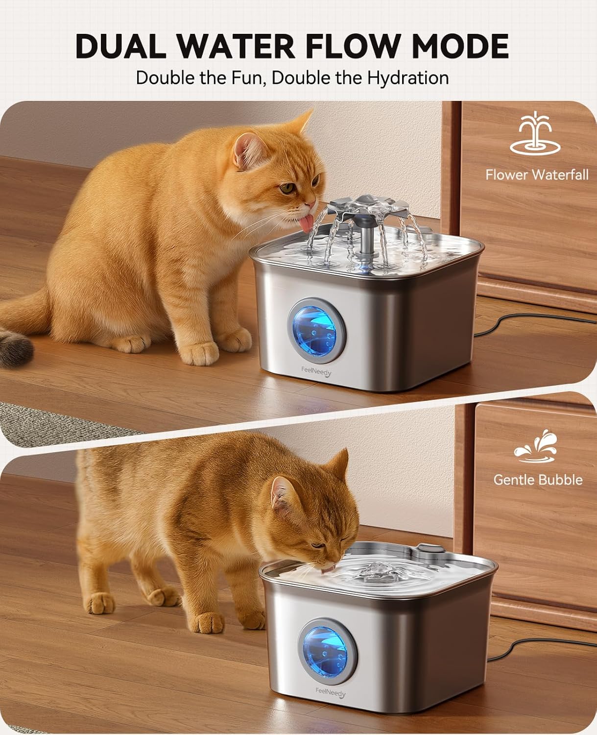 Stainless Steel Cat Water Fountain, 2.8L with 20dB Ultra-Quiet Pump- Ideal for Timid Pets, LED Water Level Window, Dishwasher Safe, 24/7 Circulation- Includes 3 Replacement Filters - Image 6