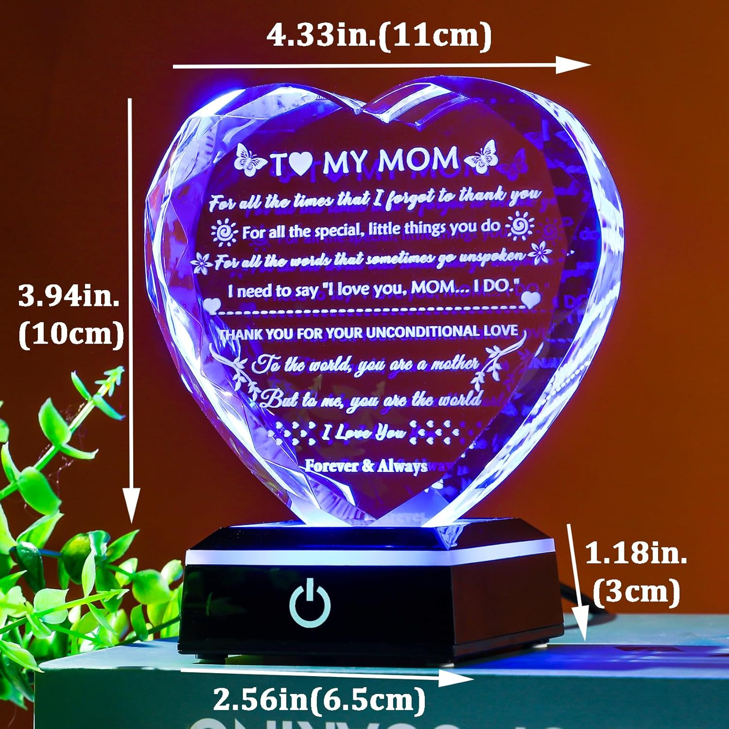 YWHL Gifts for Mom from Daughter Son, Birthday Gifts for Mom Who has Everything, To My Mom Gifts for Mother's Day Crystal Heart Keepsake with LED Base, Present for Mother on Christmas Valentine - Image 5