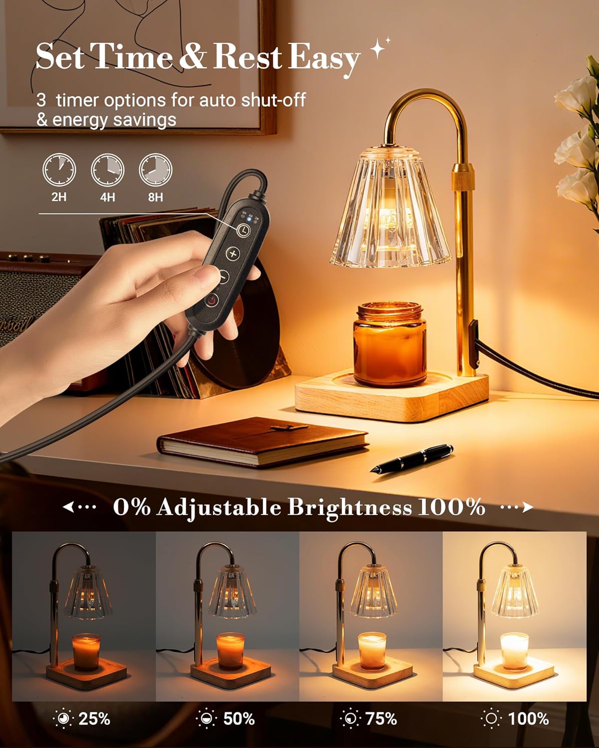 Marycele Candle Warmer Lamp with Timer & Dimmer - Mothers Day Gifts for Women Mom Her, Aesthetic Office Home Decor, Adjustable Height Wax Melter for Candle Jar & 3-Wick Candles (2 Bulbs Included) - Image 3