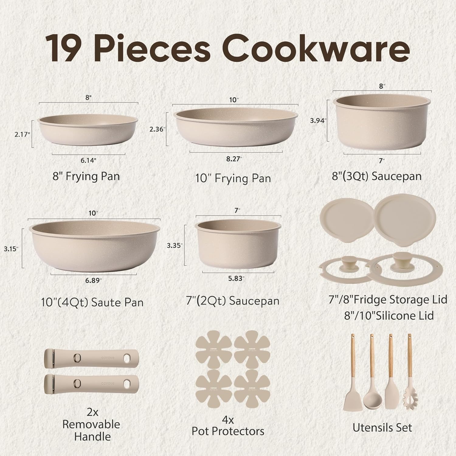 CAROTE 19pcs Pots and Pans Set Non Stick, Nonstick Cookware Set Detachable Handle, Induction Kitchen Cooking Sets with Removable Handle, RV Kitchen, Oven Safe, Taupe - Image 2