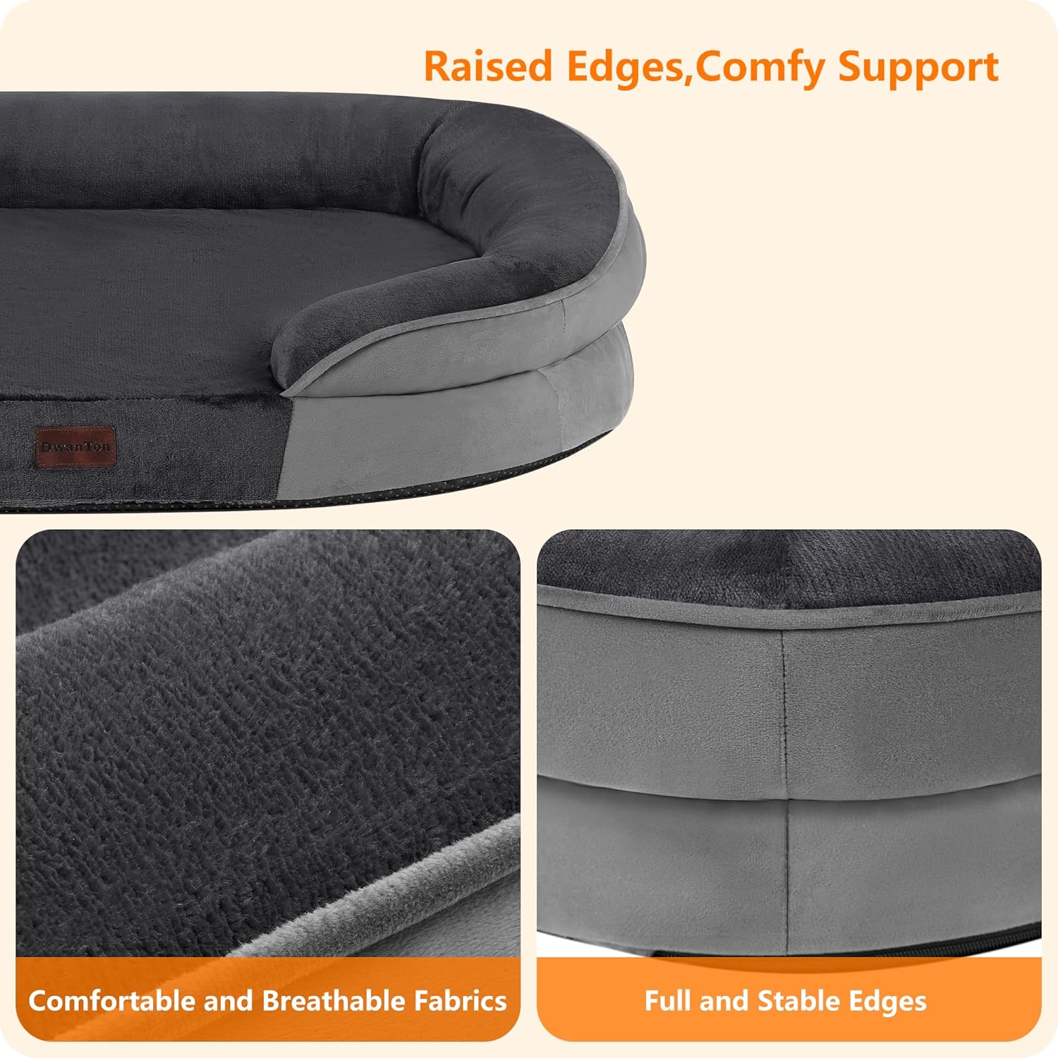 Dwanton Orthopedic Dog Bed for Medium Dogs with Gel Memory Foam, Waterproof Dog Sofa, Washable Pet Bed with Four Sided Bolster Cushion, Removable Cover & Non-Slip Bottom, 36", Dark Gray - Image 5