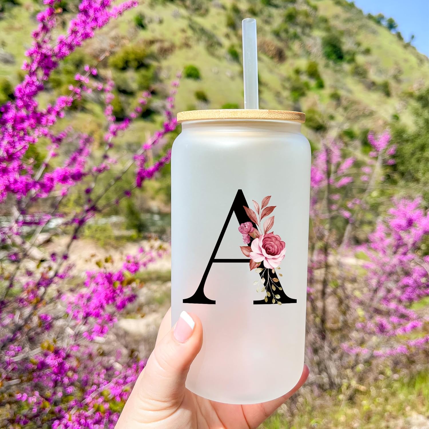 Personalized Gifts for Women, Monogrammed Frosted Glass Tumbler with Straw and Lid, Cute Customized Mug, Custom Initial Iced Coffee Glasses, Customizable Drinking Cup, Birthday Teacher Woman, A - Image 4