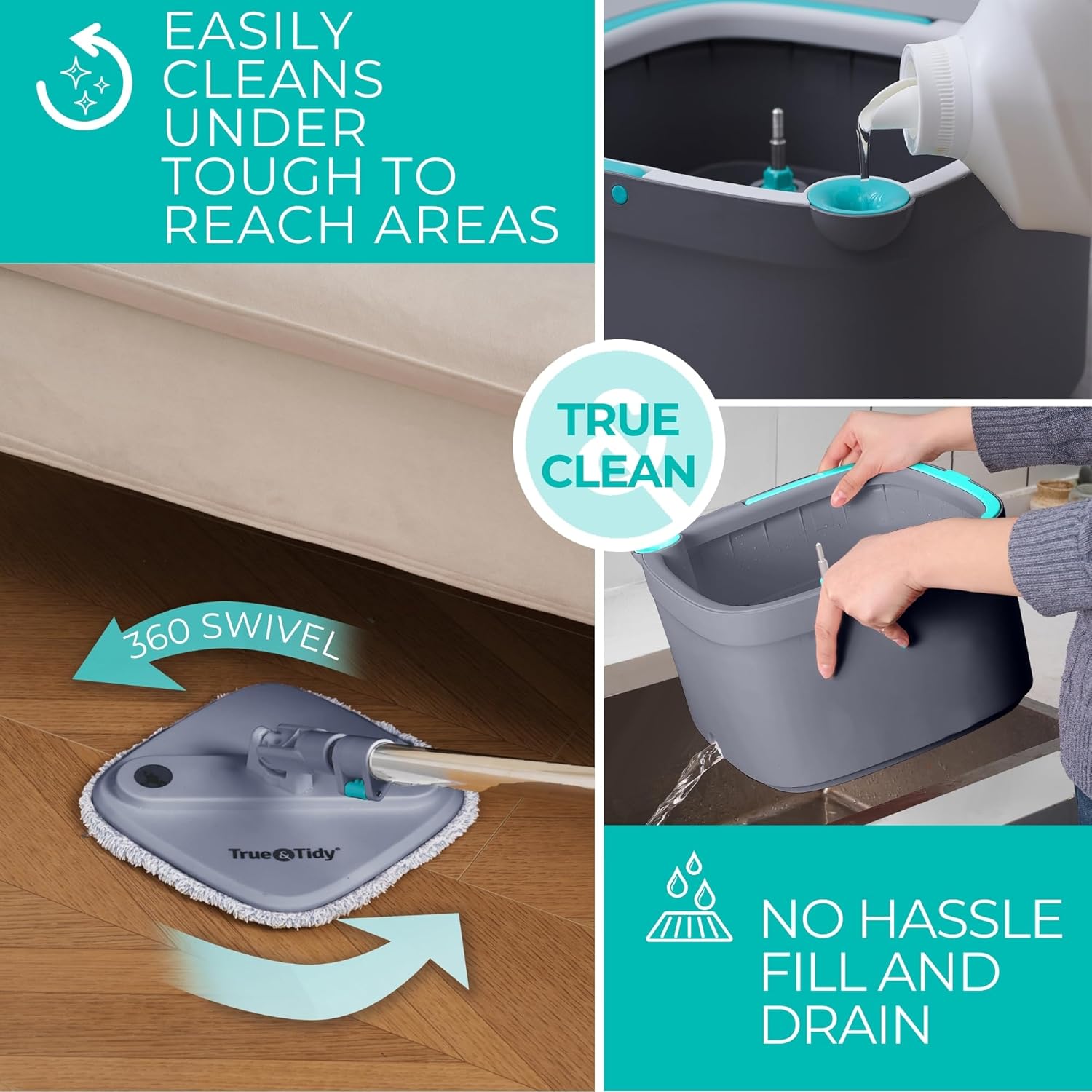 True & Tidy True Clean Spin Mop & Bucket System – Dual Compartment Design for Clean & Dirty Water, 360° Swivel Mop Head, Built-in Scrubbing Brush, Stainless Steel Handle & 2 Reusable Microfiber Pads - Image 6