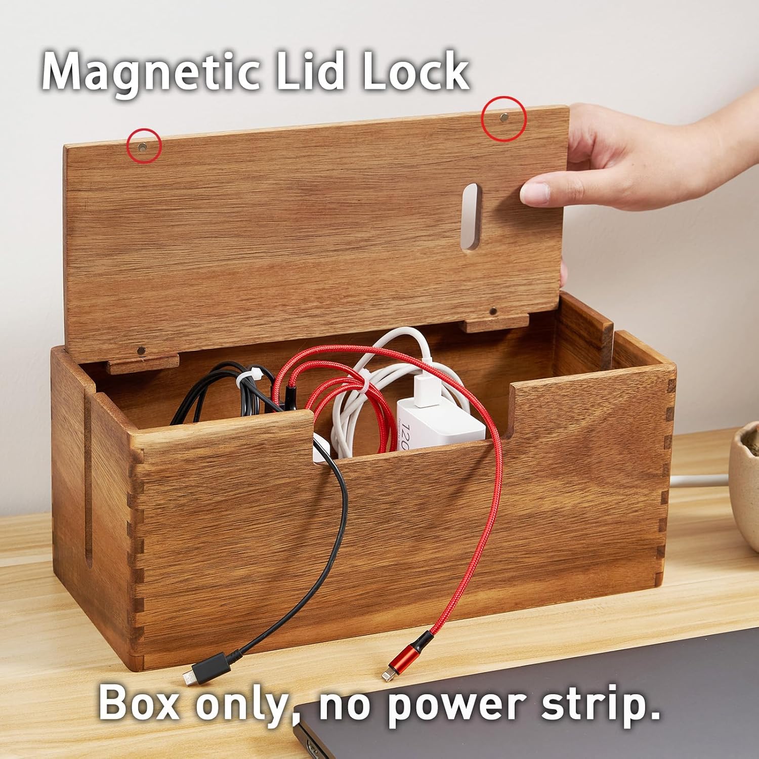 LiTY Acacia Wood Cable Management Box, Wooden Cord Hider & Organizer for Power Strip, Electrical Hiding, TV Wires, Desk & Floor Cables - Office Under Desk Cable Storage Box for Wire - Image 3