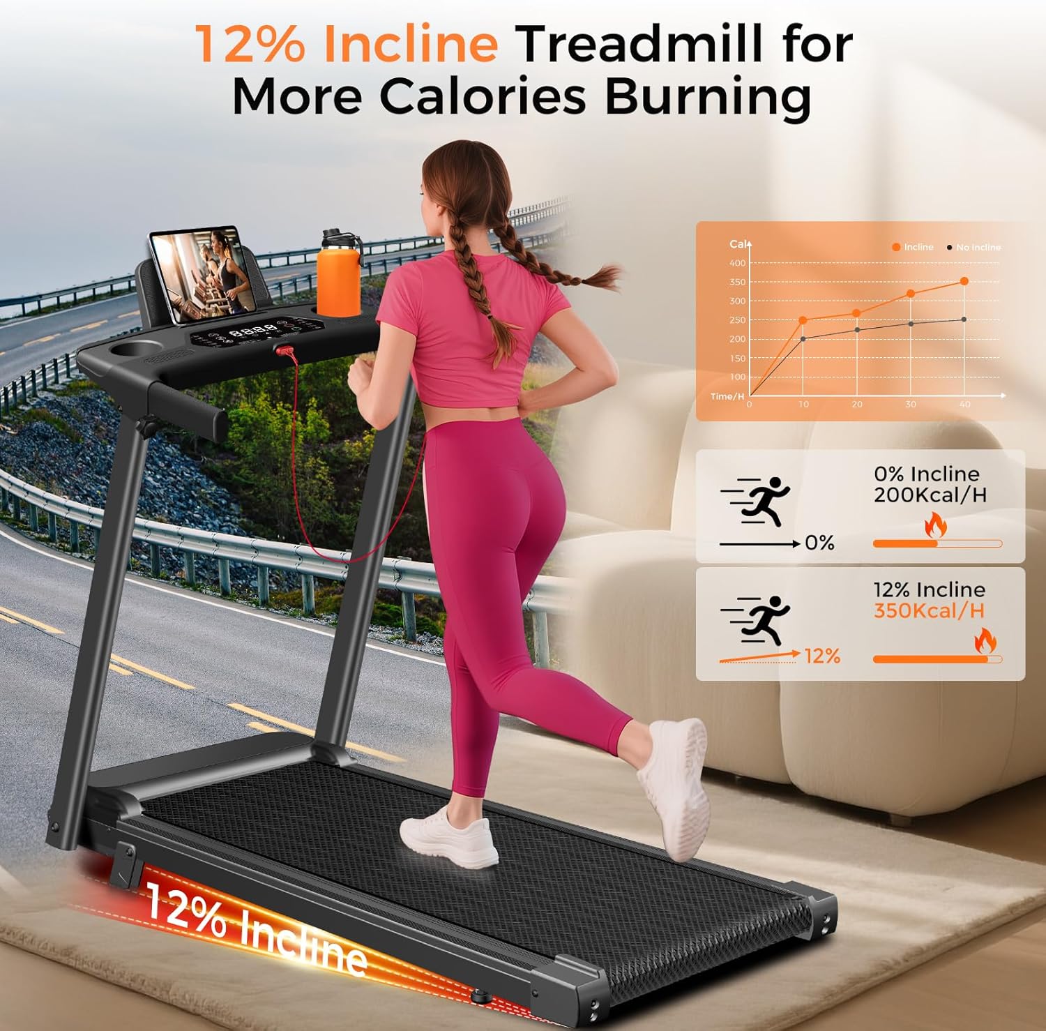 Treadmill with Incline,3.0HP Small Treadmills for Home,Portable Electric Treadmill with Handles,Lightweight Walking Pad,Compact Running Treadmills,Walking Pad with Handle,300LBS Capacity - Image 4