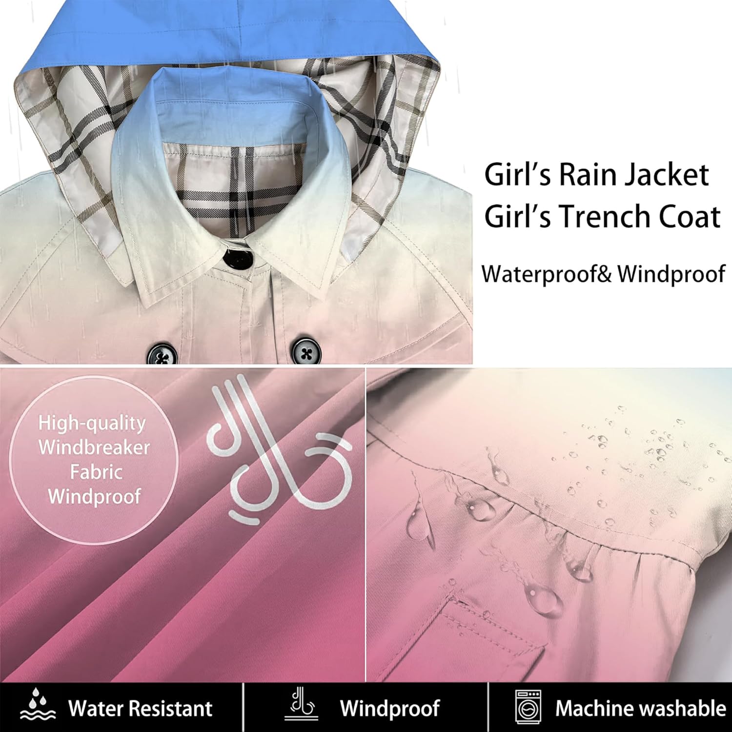 Betusline Girl's Rain Jackets Lightweight Waterproof Hooded Trench Coat Raincoats for Kids,2-14 Years - Image 6