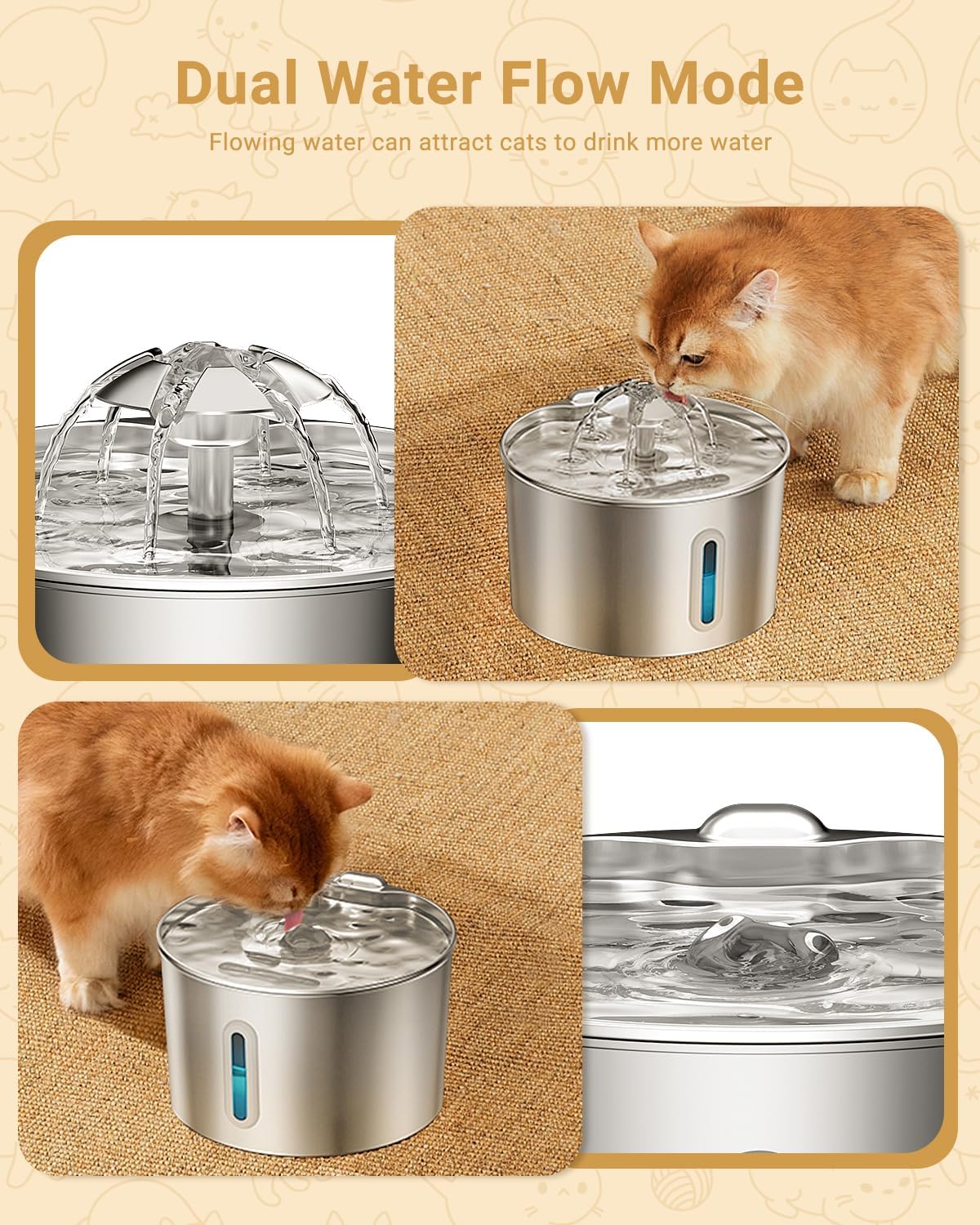 Cat Water Fountain Stainless Steel - 74oz/2.2L Pet Gift Dog Water Dispenser Automatic Silent Cats Dispenser for Drinking Indoor Metal Kitty Spout Fountains with 3 Filters & 3 Sponges Cat Dogs Gifts - Image 3
