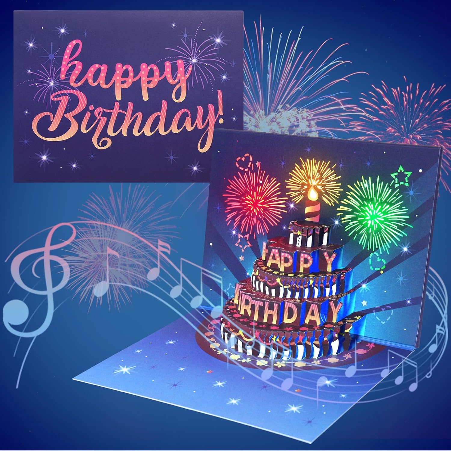 INPHER UPGRADED Birthday Cards Fireworks Pop Up Cake Light and Music Happy Birthday Gifts Decorations for Women, Men, Mom, Grandma - Image 3