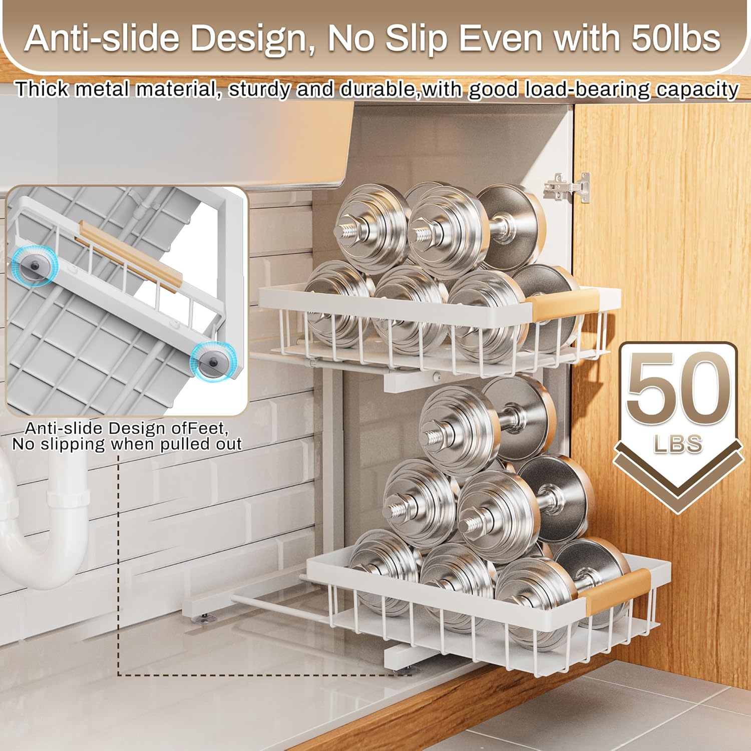 ADBIU Under Sink Organizer 2 Pack, Adjustable Height (11"-15.75") Under Cabinet Storage, 2 Tier Pull Out Sliding Drawers for Kitchen Bathroom, Heavy Duty Metal Shelf, White - Image 6