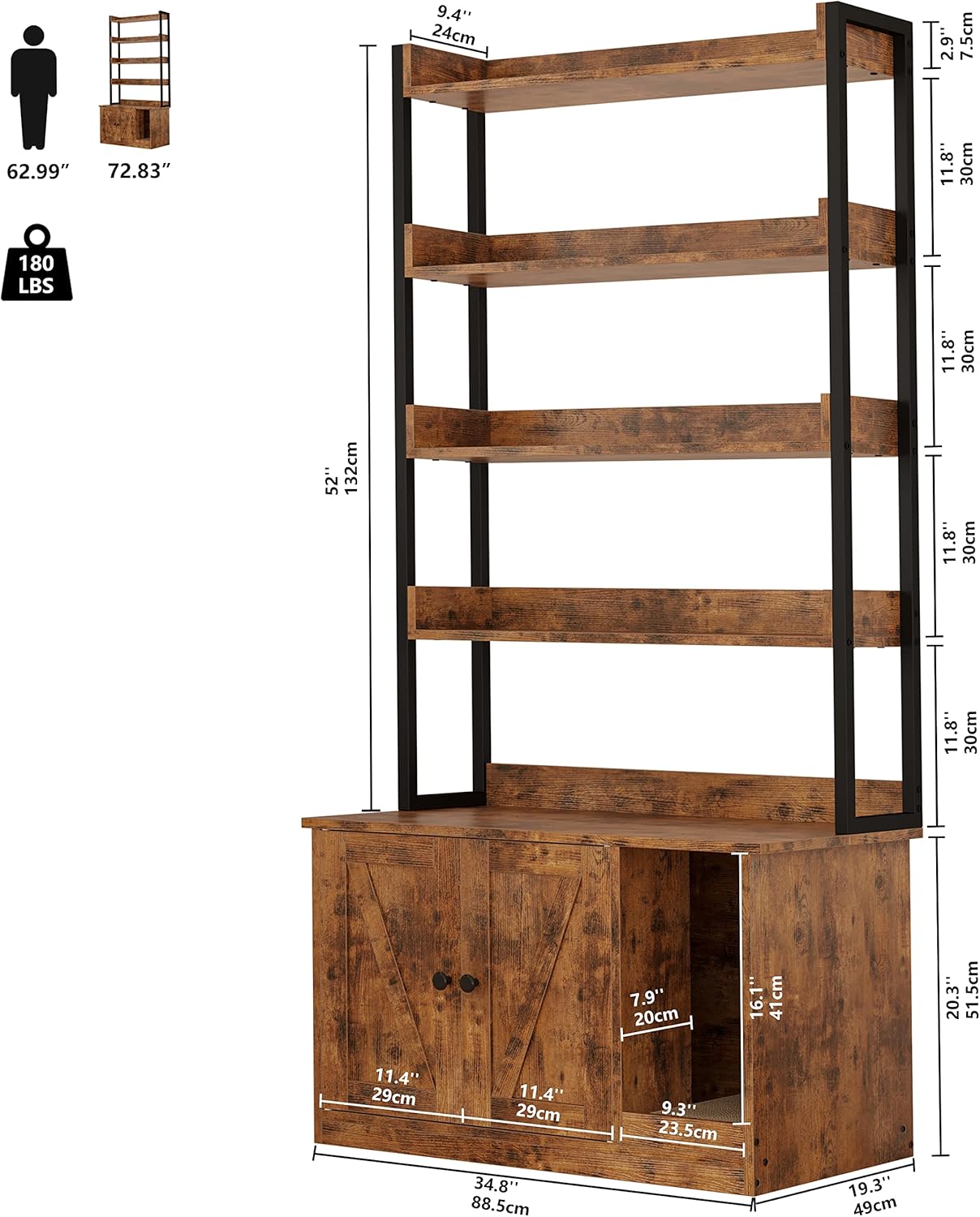 IRONCK Litter Box Enclosure with 4 Shelves and Doors, Large Wood Cat Litter Box Furniture Hidden with Storage and Scratch, Fit Most of Litter Box, Vintage Brown - Image 3