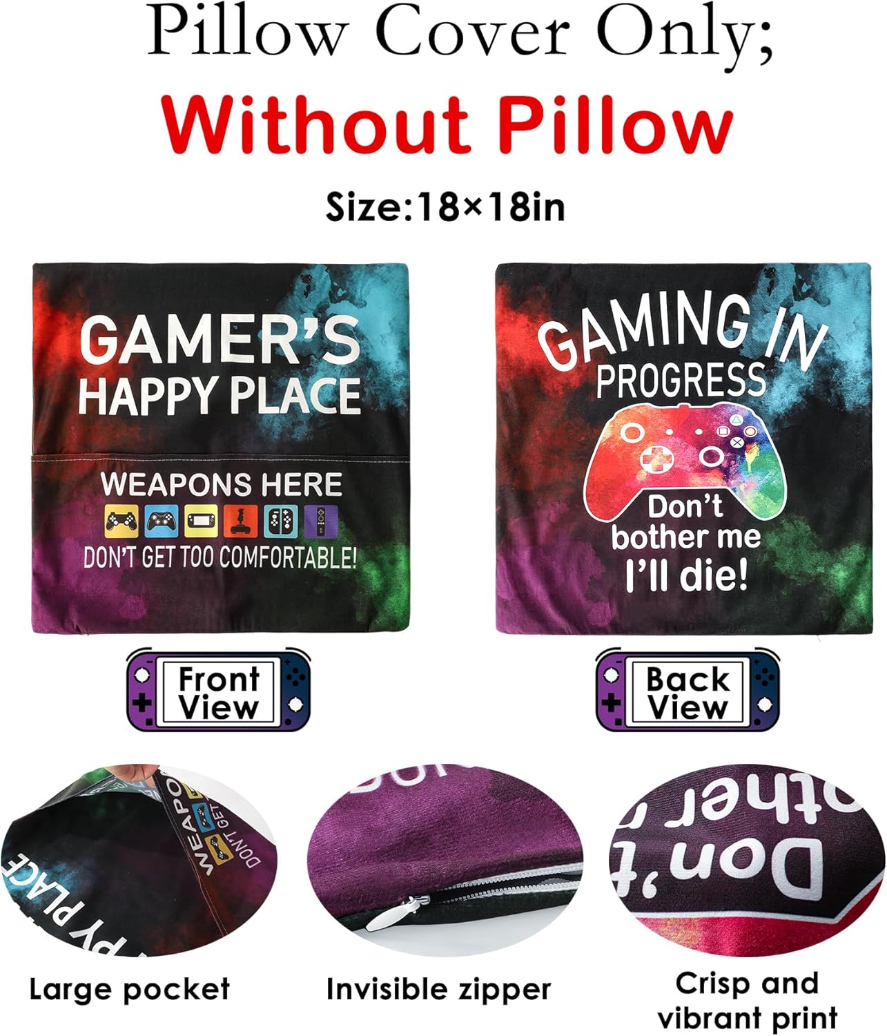 OCCdesign Gamer Gifts for Teenage Boys Men, Gaming Room Decoration, Gamer Pillow Cover and Game Socks Gifts Set, Christmas Stocking Stuffers Ideas for Teens Boys Girls Men Father Boyfriends 18" x 18" - Image 2