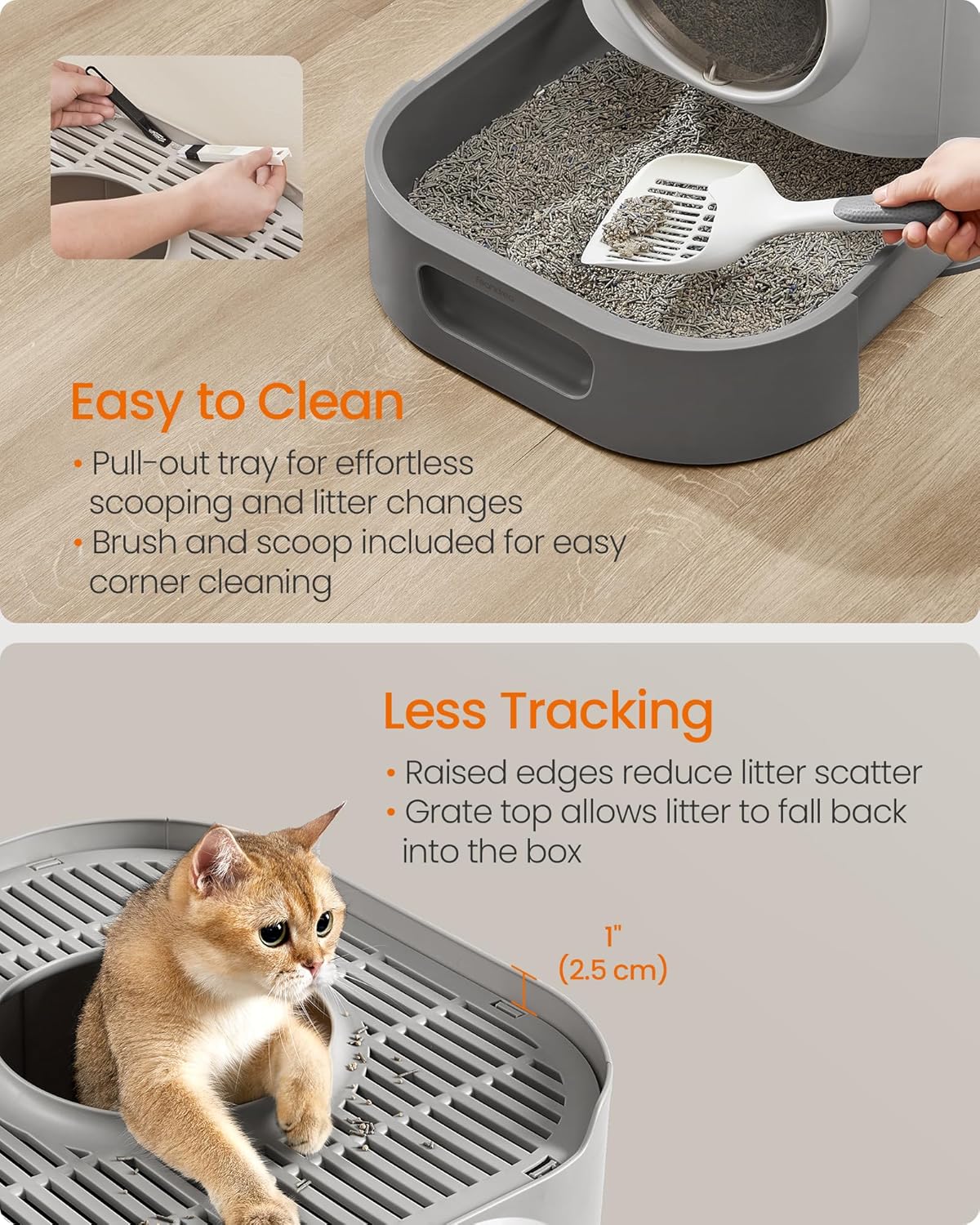 Feandrea Cat Litter Box with Lid, XL Enclosed Litter Box with Slide-Out Tray, Scoop, Brush, Anti-Tracking, for Cats of Different Sizes, Dove Gray and Slat Gray UPPT002B01 - Image 4