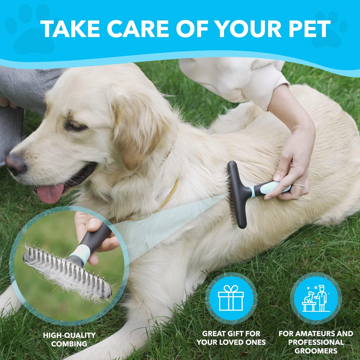 Deshedding Brush - Undercoat Rake for Dogs, Cats, Matted, Short, Long Hair Coats - Double Row Stainless Steel Pins - Reduce Shedding by 90% (Blue) - Image 7