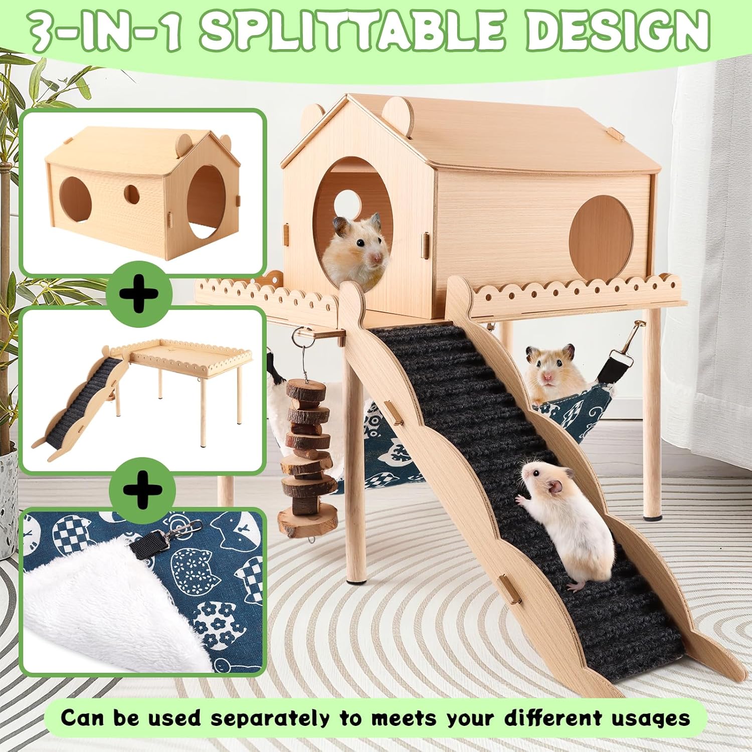 Kalolary Detachable Double-Decker Guinea Pig Hideout, Large Wooden Guinea Pig Castle with Stair, Hammock, Mat for Small Animals Hamster Chinchilla Bunny Ferret Rabbit Hiding Playing Sleeping - Image 3