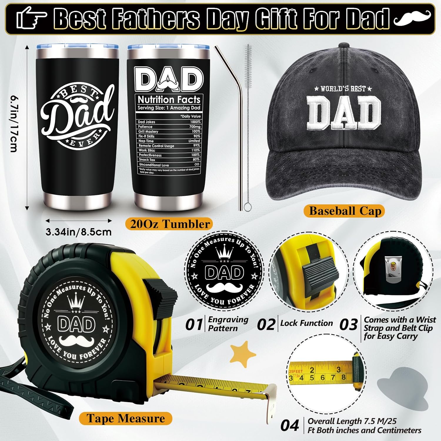 11 Pcs Best Dad Ever Gift, Father's Day Gifts, Dad Gifts for Men with 20 Oz Tumbler Socks Baseball Cap Tape Measure Bracelet Wallet Card Keychain, Fathers Day Birthday Christmas Gift for Dad Husband - Image 3
