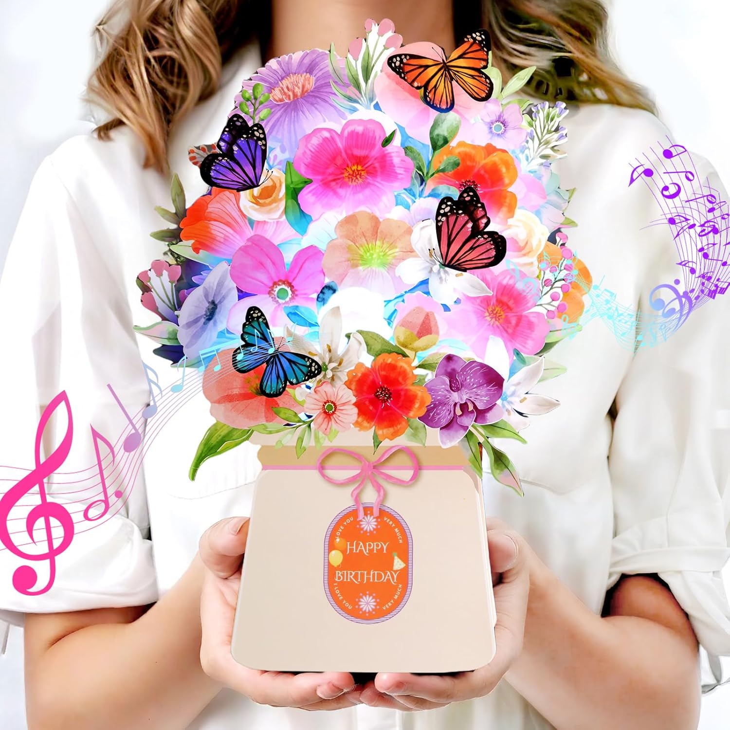 Yinqing Birthday Cards, Light and Music Happy Birthday Card, Lily and Butterflies, 10 Inch Life Sized Forever Flower Bouquet 3D Pop Up Birthday Gift Card for Women Wife Mom Daughter Sister