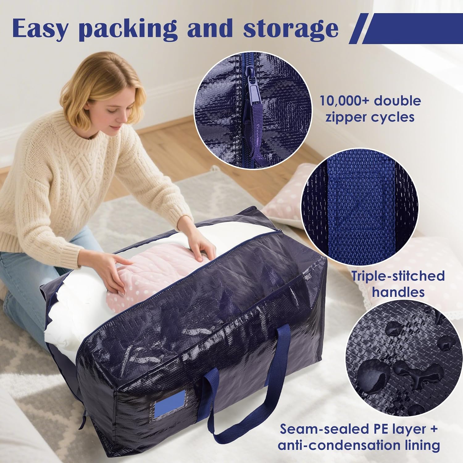 6 Pack Moving Bags with Full-Open Side Zipper, Extra Large 93L Heavy Duty Waterproof Foldable Storage Totes for College Dorm, Moving & Home Organization, Blue - Image 5